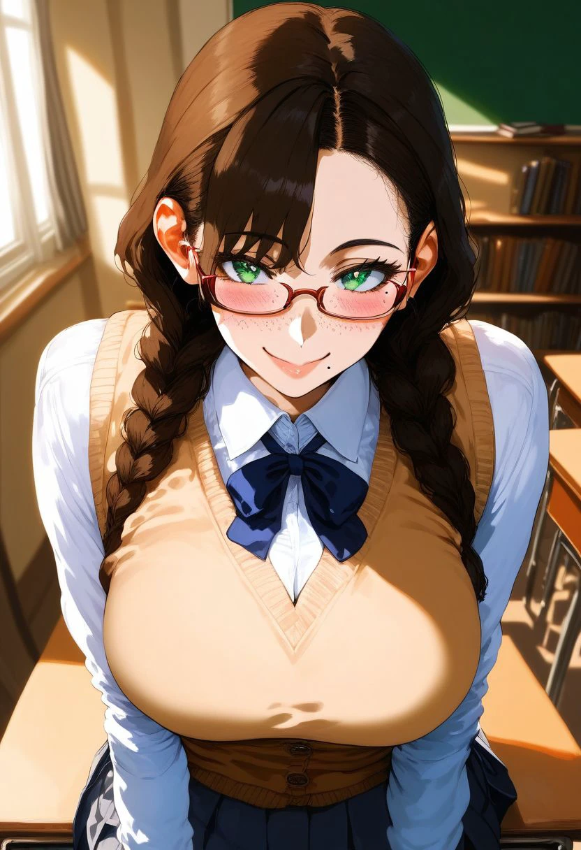 (high quality, High resolution, fine details), Pavement, View from the side, Alone, Girl, light brown hair in braids, School uniform, sparkling eyes, (Large round frame glasses), (detailed eyes), big breasts, ((gentle smile)), blush, sweat, oily skin, (focus face), shallow depth of field