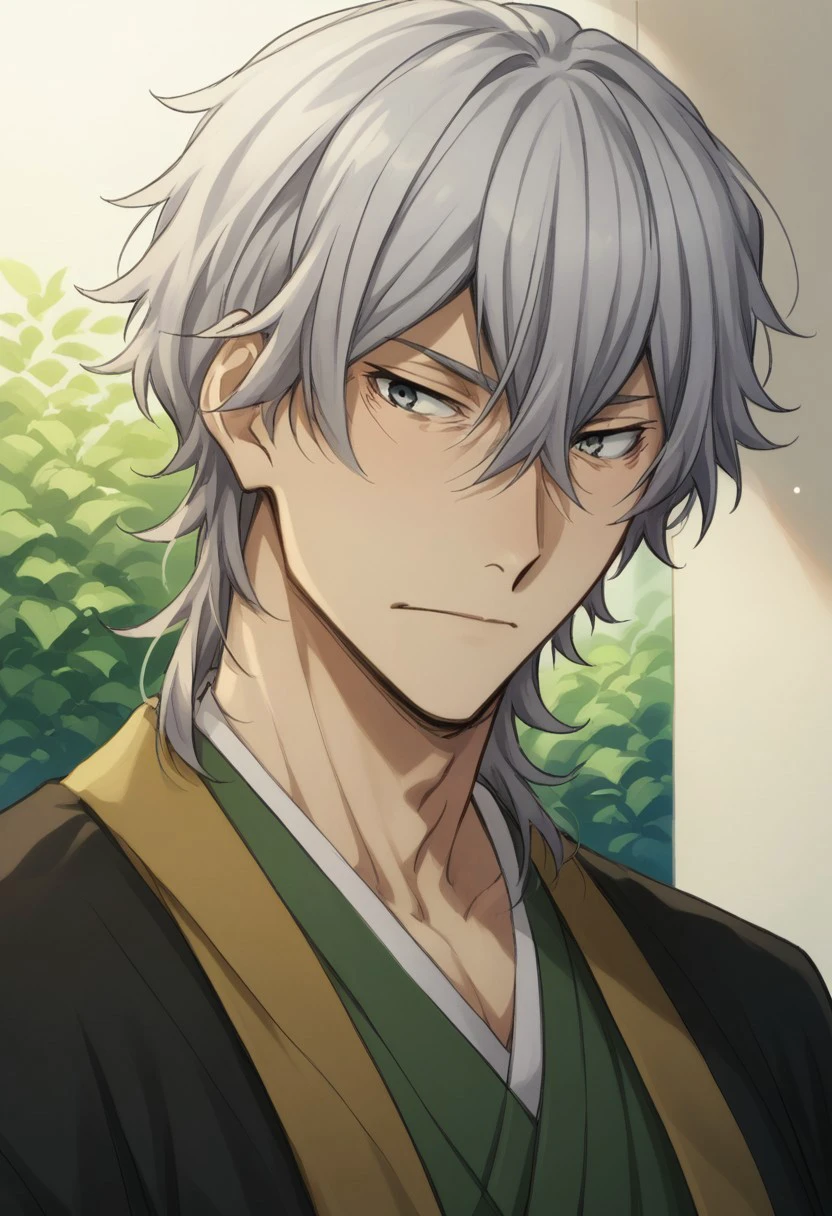 score_9, score_8_up, score_7_up, source_anime, highly detailed, 

yukichi, 1boy, male focus, solo, grey hair, hair between eyes, grey eyes, japanese clothes, kimono, green kimono, haori, upper body

outdoor,