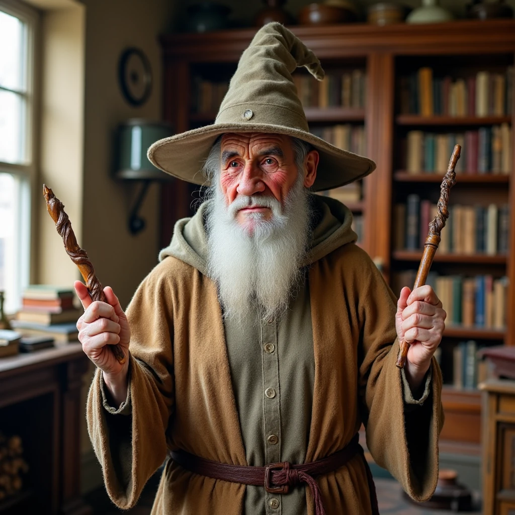 "Imagine a wizard with a kind face and a slightly bemused expression, dressed in a simple, practical robe and a sensible, unadorned wizard hat. He holds a small, intricately carved wand and has an air of friendly curiosity, as if he’s just as fascinated by magic as anyone else. His demeanor is warm and approachable, with a hint of slight confusion, like he’s just trying to get through the day without too many magical mishaps. He stands in a small, cozy library filled with modest shelves of well-loved books, gently lit by a window with soft afternoon light, giving a serene, humble atmosphere to his quiet, humorous charm."