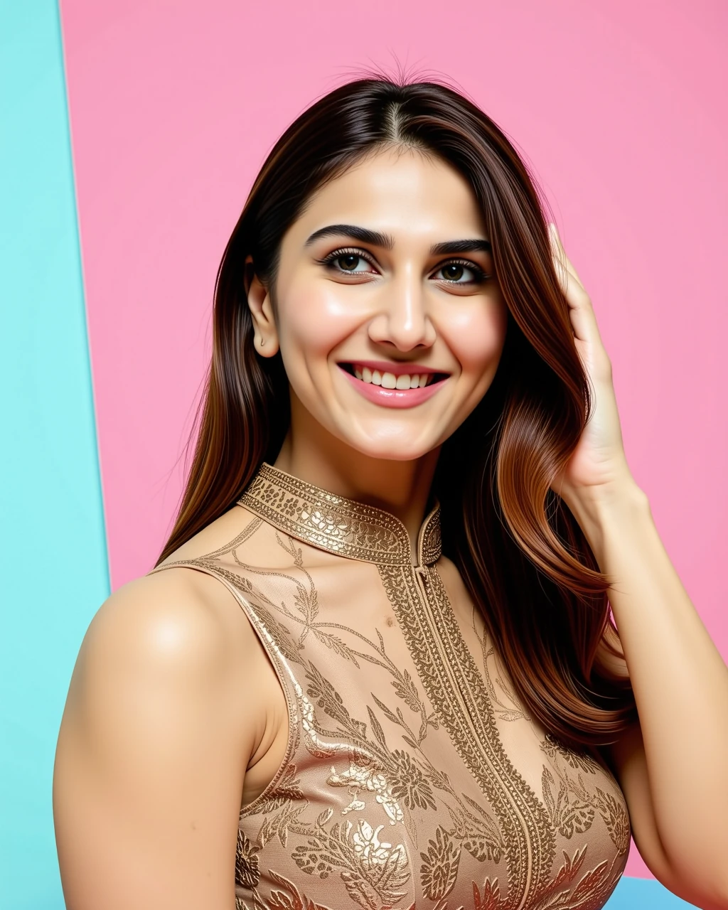 headshot photo of Vaani Kapoor woman,candid photo with natural colors, grinning expression on face,studio quality, wearing intricate high neck elegant Brown sleeveless Churidar Suit, straight hair, pastel shaded multicolored background, cinematic lighting<lora:TestBed\Vaani_Kapoor_Flux_Kohya_V1-000005.safetensors:1.0:1.0>