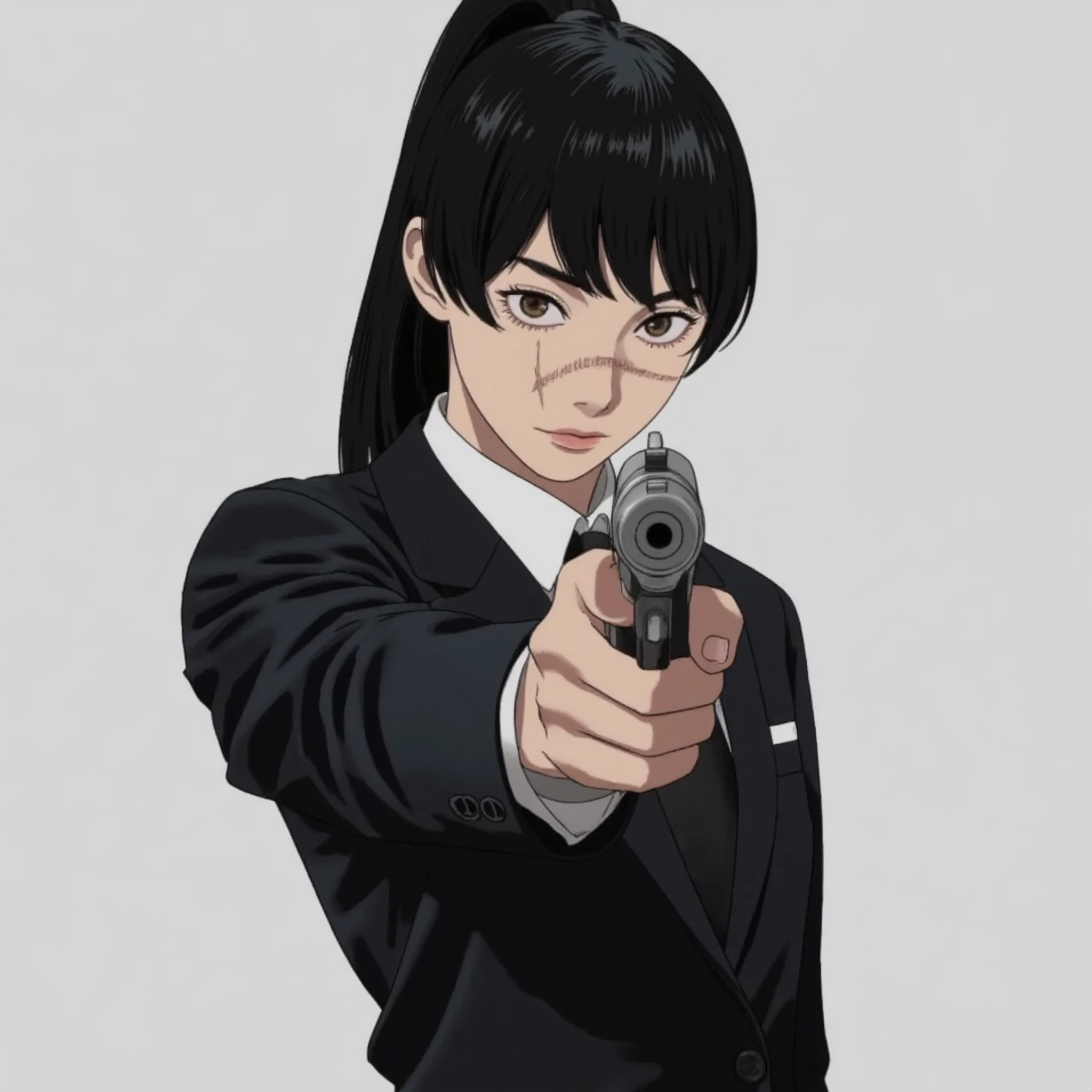 An anime-style girl in a sleek black suit, confidently pointing a handgun directly at the viewer. Her eyes are intense and focused, and a faint scar marks her cheek, hinting at a history of close encounters. The backdrop is minimal to emphasize her stance, creating a powerful, suspenseful atmosphere as she stands ready with a calm, unwavering expression.