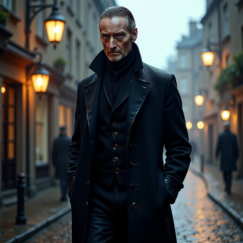 Imagine a photorealistic image of lord vetinari, a tall, gaunt man with an intense, focused gaze, walking through a rain-soaked cobblestone street at dusk. He is dressed in a simple, unadorned black frock coat, the fabric dampened by drizzle, clinging to his lean frame. His sharp features are partially illuminated by the dim glow of street lanterns, while his expression remains calm, assessing the city with a quiet, unsettling control that reflects his calculated authority.