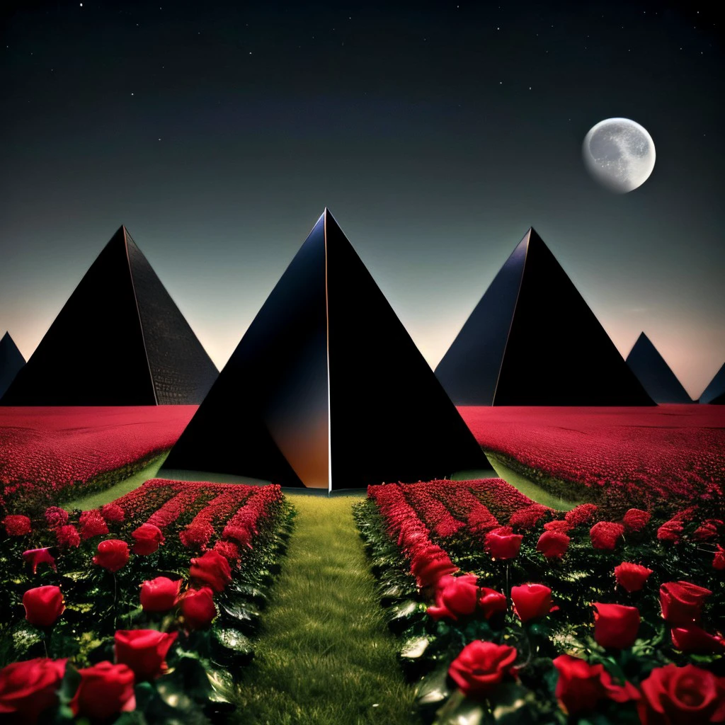 masterpiece, intricate photo, field of roses, black pyramid with shiny sleek sides, background moon wasteland, hyper realistic, highly detailed, sharp focus, high resolution, best quality, colorful, cozy outdoor lighting, 8K <lora:BlackPyramid:1>