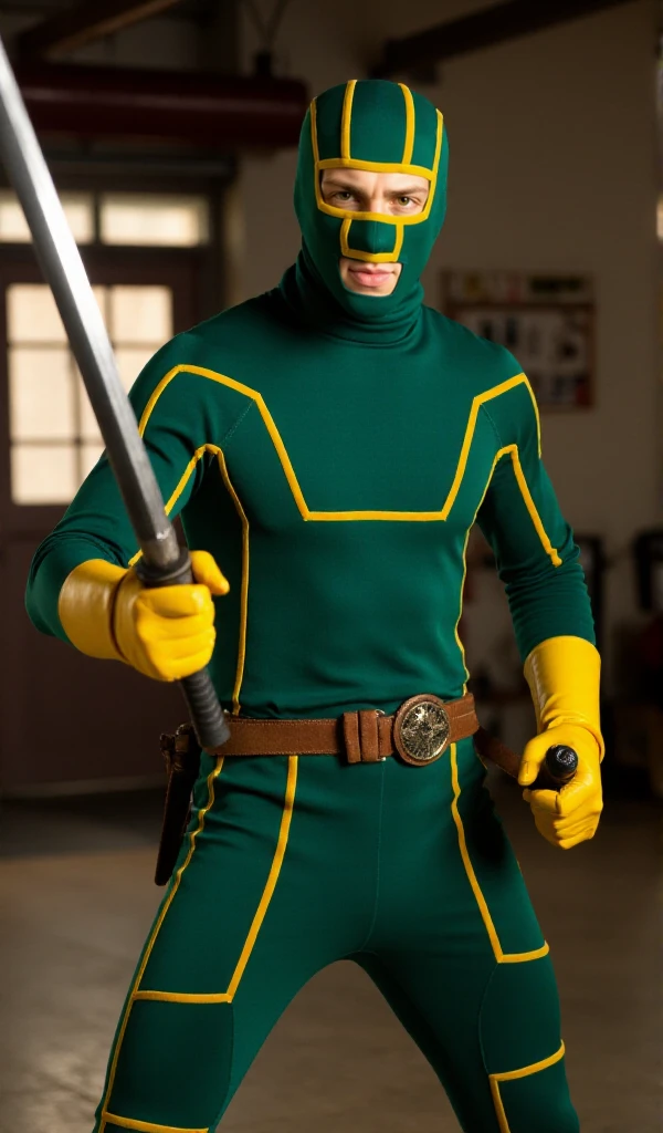 Kickass, a man wearing a green and yellow bodysuit and mask hood and yellow gloves. He is standing in a dojo holding a katana sword. he is ready to fight <lora:Kickass:0.9>