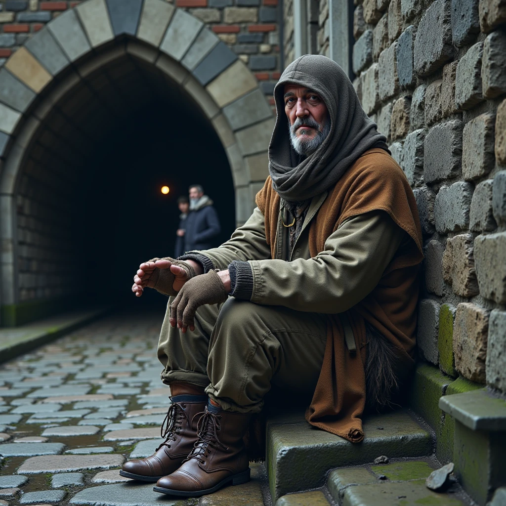 Imagine a photorealistic image of a member of the Beggar’s Guild, leaning against the damp stone wall beneath an ancient stone bridge at dusk. They wear an assortment of torn garments—patched coats, frayed gloves, and an oversized cap pulled low over their face, adding to their mysterious air. Water drips around them, and their hunched posture and weathered belongings give an eerie, shadowed feel to the scene as they watch passersby from the dim cover of the bridge.