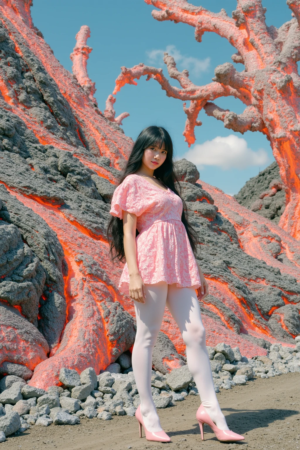 1 Asian girl is wearing pink dress and white stockings and pink highheels, the girl stands on the ground, the lava  flows arround the girl,full body, the girl is looking at viewer, bluse sky, light pink cloud, front view,
no humans,
realistic, outdoors, masterpiece, best quality, prize winning photograph，