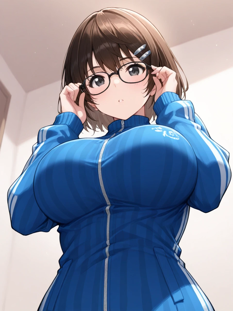 nsfw,1girl,masterpiece,(((best quality))),(masterpiece, best quality, ultra quality, high quality, beautiful detailed glow,film Reflection),
from front,front face,foot focus,
Voluptuous,glamorous,Chubby,thicc,curvy,Leggy,Tall,hanging breasts,1 grandma,house wife,milf,(35 year old woman,mature female:1.2),glasses,beauty mark,tan lines,Break,chignon,
(anguish,bashful,embarrassed,full-face blush),
Break,(Open Mouth:1.1),(tongue out:1.1),
(open legs:1.1),squatting,spread legs,m legs,
(buruma:1.5), ((red buruma)), school, gym shirts, white t-shirts, gym uniform,
(pussy line:1.2),over kneehighs,
lifted by self,shirt lift,(((sport bra lift))),nipple,　
on the bed,5 stars hotel,penthouse,
