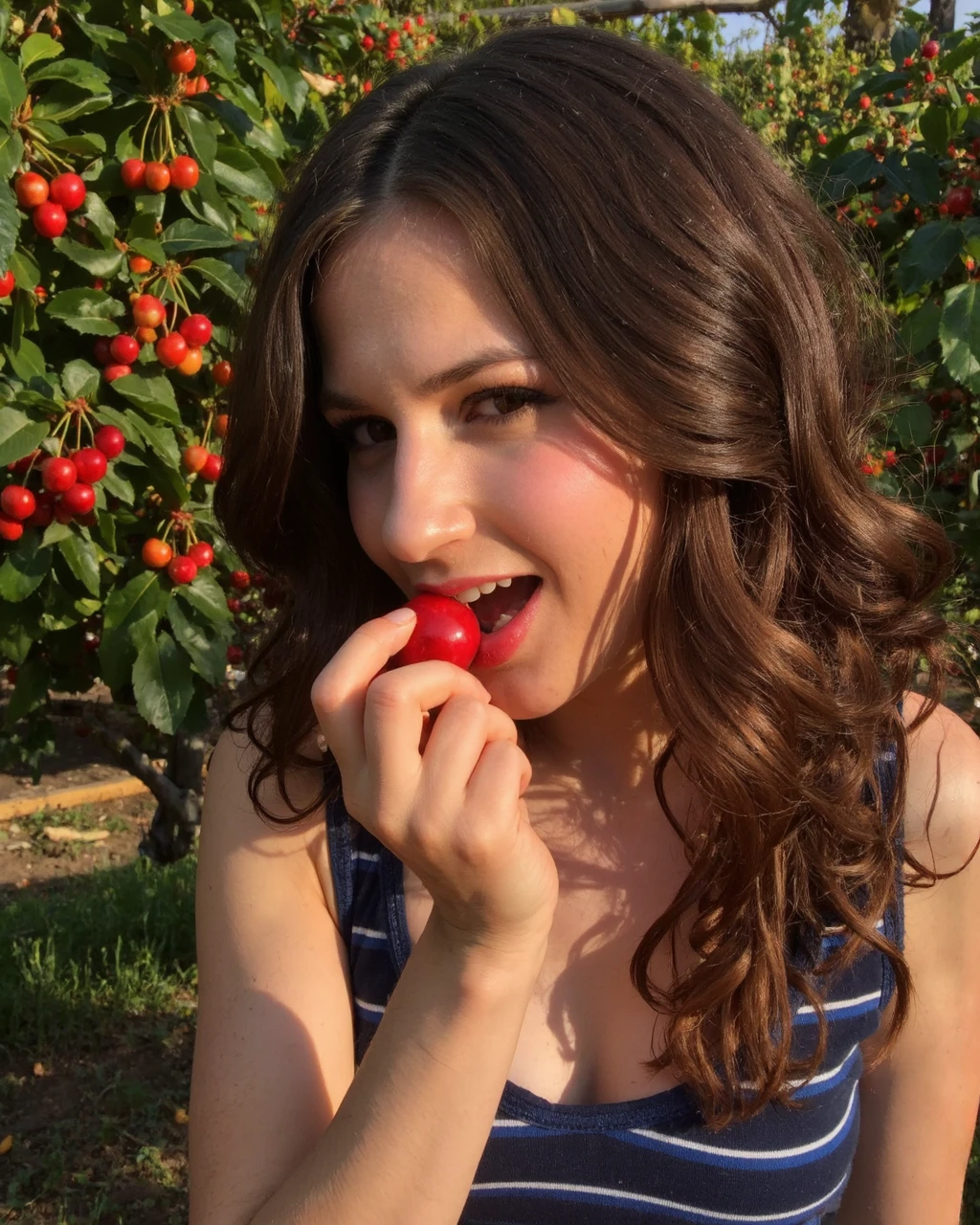 Smiling woman holding a strawberry in her hand near a garden, in São Paulo, smiling woman in a beige shirt, about 40 years old, woman in her 40s, . She has long brown hair and wears a beige blouse. Fitness body. Woman in good physical shape, fitness woman, perfect face, perfect mouth.

Woman, ((Masterpiece, best quality)), full body view, detailed skin, highly detailed, cinematic lighting, ultra realistic, dark brown hair, medium hair, portrait, full body view, contrast, close-up, cinematic light, ultra-high resolution, RAW.

Woman with white skin and dark brown hair. She is around 40 years old, 165 cm tall and weighs 56 kg. She has a perfect mouth, a perfect face. Her body exudes glamor and her face is a definition of beauty. Slender body, thin waist. Highly realistic, hyperrealism, very elaborate skin, perfect face. Sharp Photo, High Resolution, High Quality, Masterpiece, 16K Photo, High Contrast, Masterpiece, Nude, Nude, NSFW.