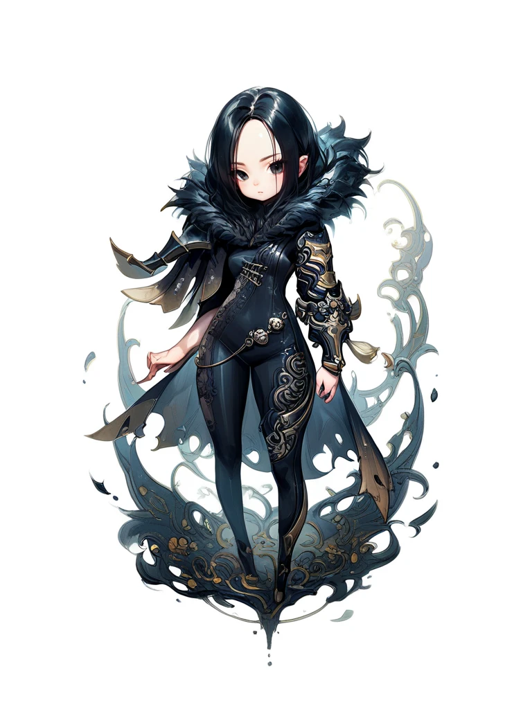 <lora:BnS_Jinsoyun-PONY:0.8> 1girl, solo, bnsjinsoyun, black hair, black eyes, bodysuit, shoulder armor, cape, waist chain, fur-trimmed collar, lace-trim, full body, chibi style, big head, white background, score_8_up, score_7_up, score_6_up, score_5_up