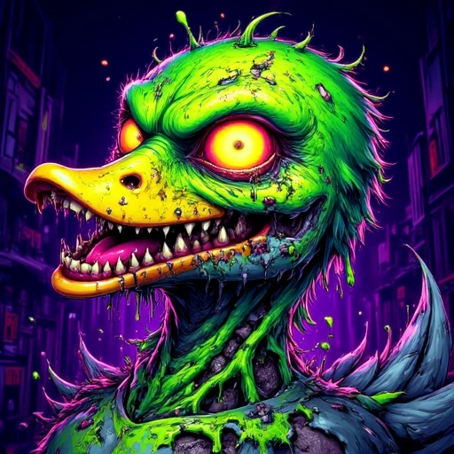 A vibrant toonpunk illustration of a zombie duck with neon green decayed skin, glowing eyes, and a mischievous grin