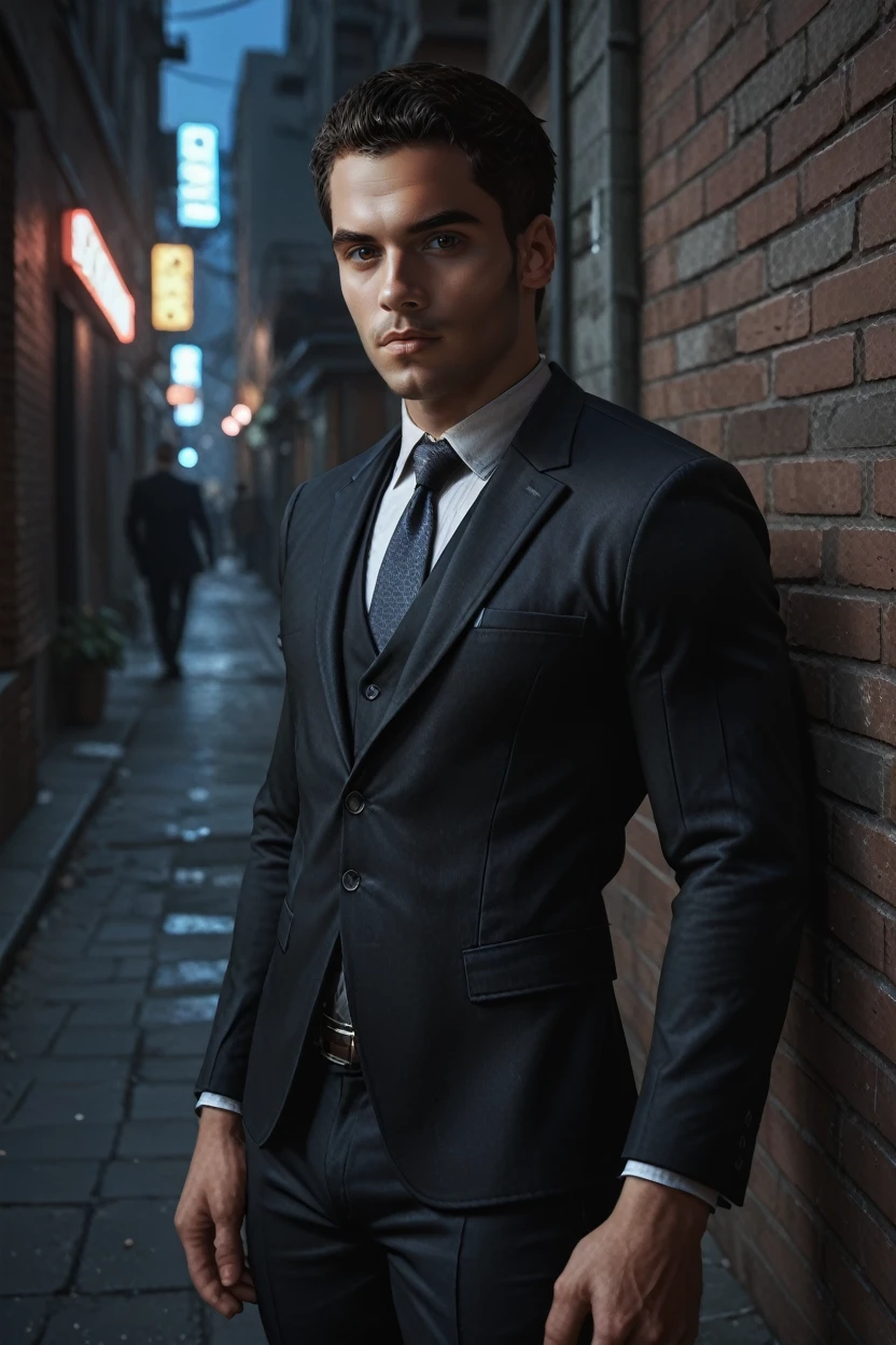 score_9, score_8_up, score_7_up,
<lora:MEKaidan:0.8>
MEKaidan, 1boy, brown hair, short hair, brown eyes, muscular, looking at viewer, In a dimly lit urban alley, tailored black suit, ambient neon lights casting shadows, leaning confidently against a brick wall, cowboy shot