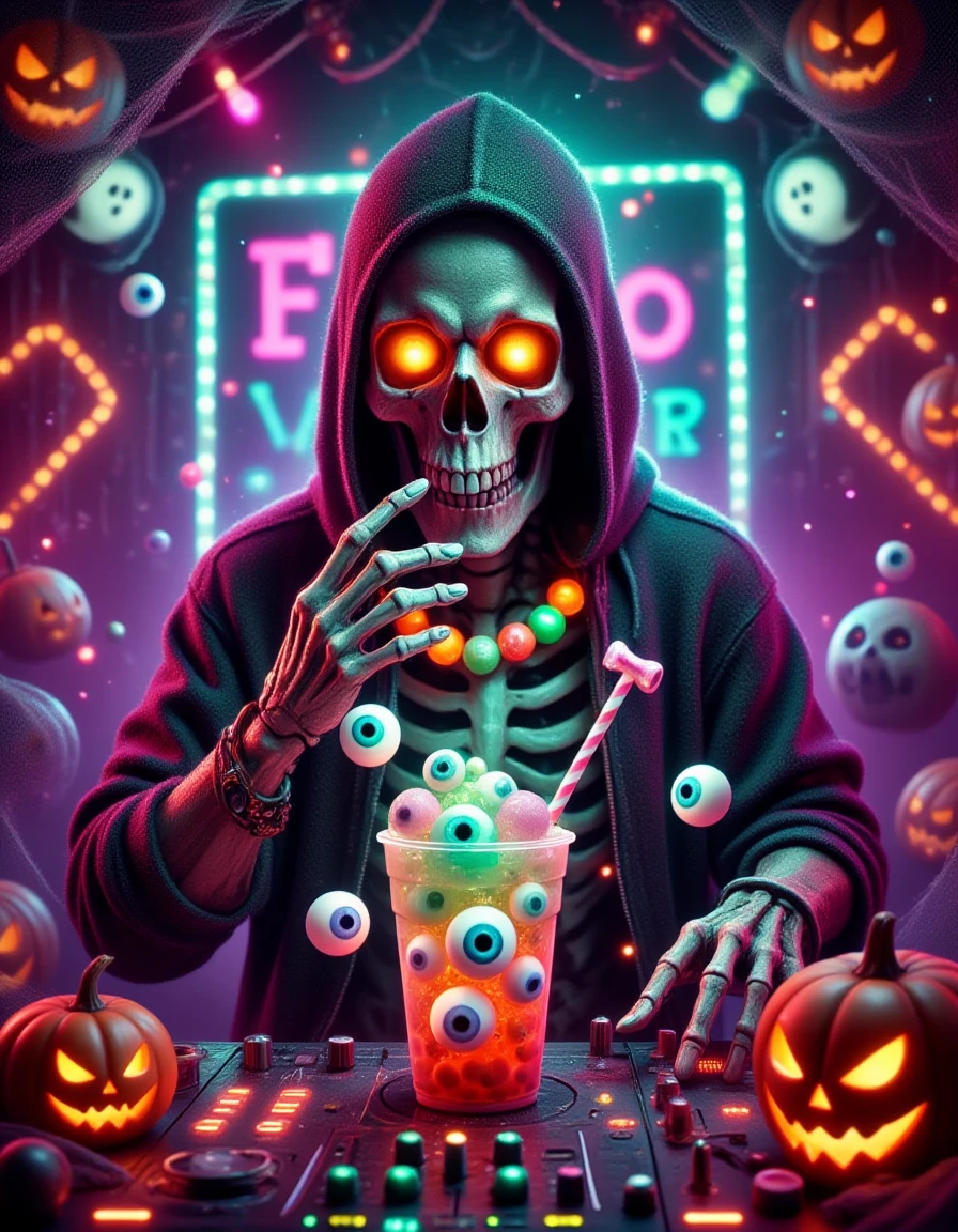 cinematic film still professional 3d model <lora:660f8ff0-2589-4e63-ada2-73de84b768d4.TA_trained:0.8>Prompt: "A spooky skeleton DJ at a Halloween party, with glowing candy decorations around him. Heâs wearing a candy bone necklace and sipping from a drink with floating candy eyeballs and skulls. The background includes a dark, eerie scene with neon Halloween lights, pumpkins, and floating ghost lights, creating a fun, spooky atmosphere." . octane render, highly detailed, volumetric, dramatic lighting . shallow depth of field, vignette, highly detailed, high budget, bokeh, cinemascope, moody, epic, gorgeous, film grain, grainy