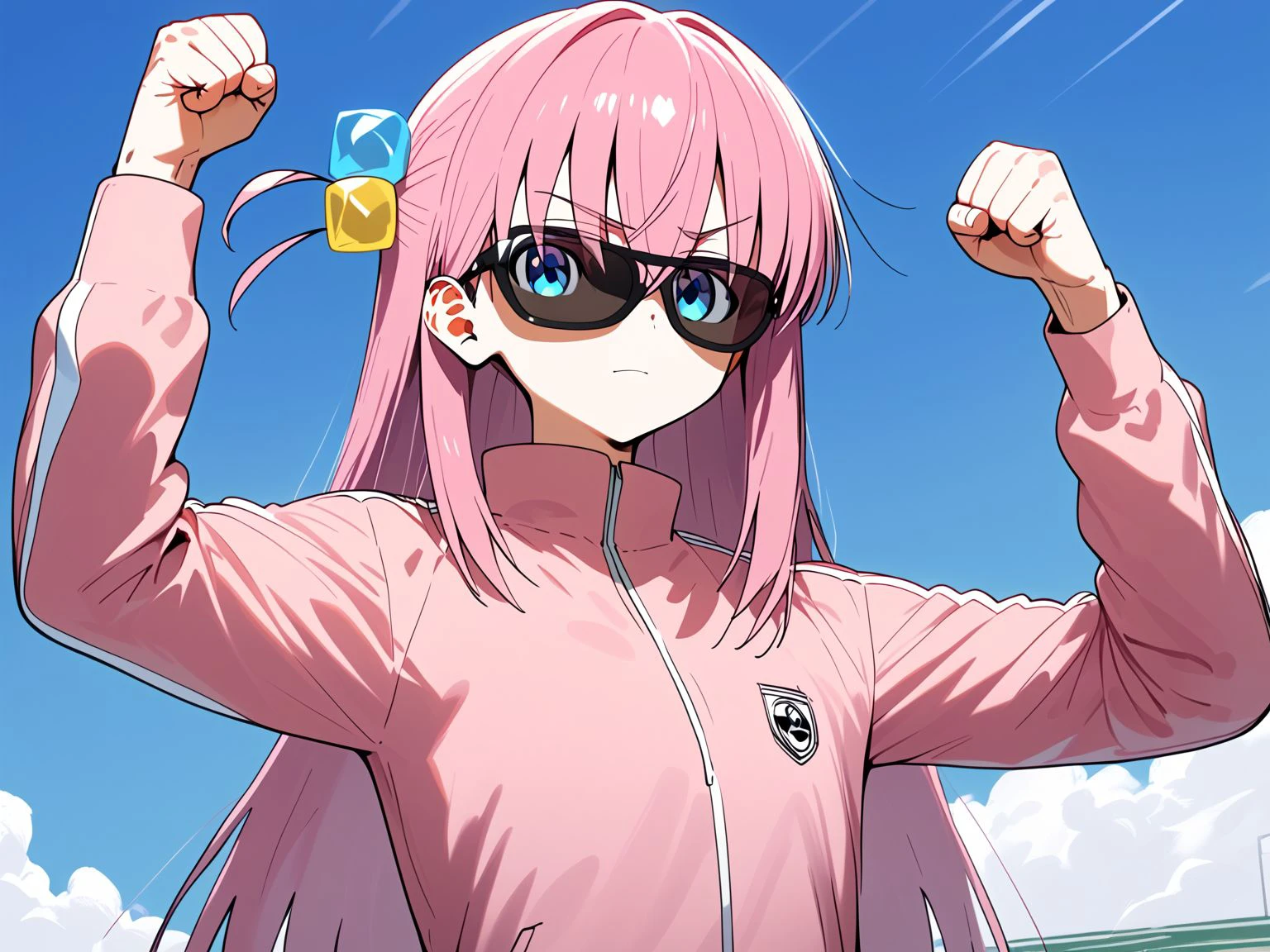 score_9,score_8_up,score_7_up,score_6_up,score_5_up,score_4_up,1boy,solo,<lora:Musclepose_Pony_V1.00:0.9>,musclepose,upper body,clenched hands,arms up,(sunglasses:1.3),closed mouth,<lora:hitori-gotou-s1-ponyxl-lora-nochekaiser:0.8>,hitori gotou,blue eyes,cube hair ornament,hair between eyes,hair ornament,pink hair,one side up,long hair,black skirt,jacket,long sleeves,pink jacket,track jacket,track pants,track suit,