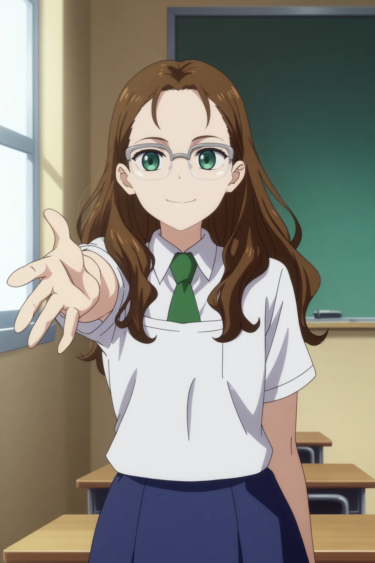  nagase koito,1girl,solo,glasses,school uniform,necktie,long hair,over-rim eyewear,shirt,smile,green necktie, short sleeves,standing,looking at viewer,cowboy_shot BREAK indoors,classroom,desk behind,chalkboard,windows,reaching,close-up    <lora:Nagase_Koito_-_Wonder_Egg_Priority.safetensors:0.8> <lora:detailed_backgrounds_v2.safetensors:0.5>