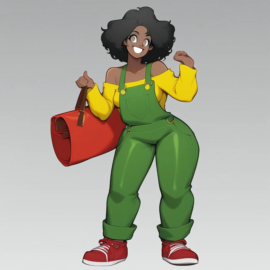 debra miller,1girl,solo,short hair,black hair,dark-skinned female,grey eyes,wide hips,medium breasts,off shoulder,red footwear, sneakers, yellow shirt, off-shoulder shirt, overalls,green overalls,full body,standing,smile,happy,bag,leather bag