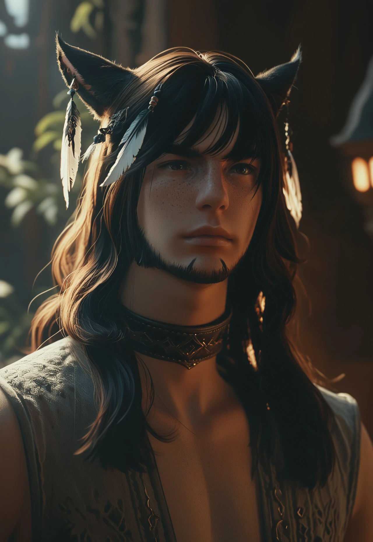 f4c32-miq0, solo, 1boy, male focus, animal ears, miqo'te, freckles, cat ears, portrait, choker, hair ornament, lips, long hair, bangs, feathers, cinematic lighting, cinematic angle ,score_9, score_8_up, score_7_up, score_6_up, score_5_up, score_5_up, score_4_up