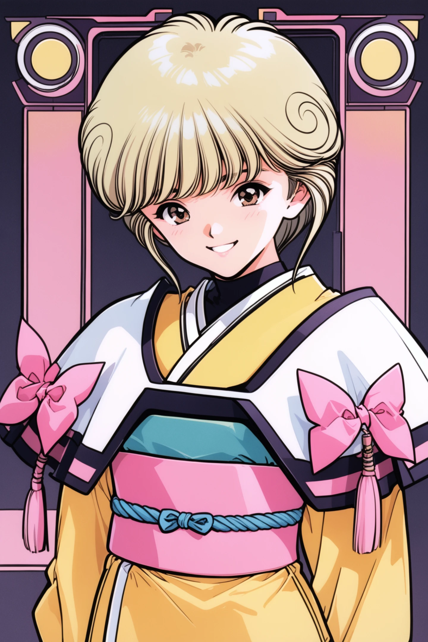 Ai Amano,1girl,solo,closed mouth,short hair,brown eyes,blonde hair,bow,upper body,looking at viewer,black background,simple background,bangs,grin,yellow short kimono white pantyhose white capelet pink obi pink bow,retro artstyle,1990s \(style\),
<lora:Katsura Masakazu_illustriousXL:1>,