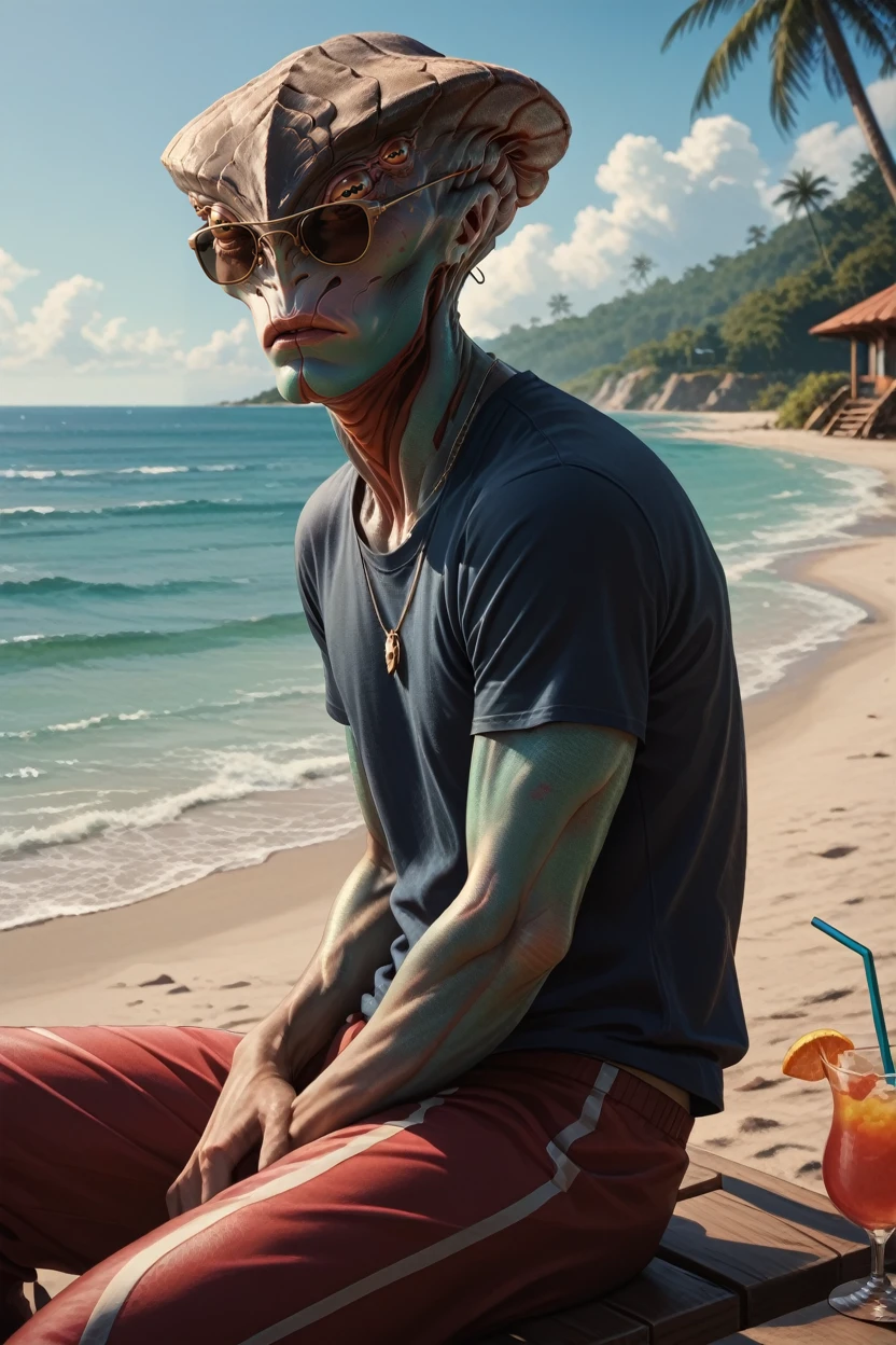 score_9, score_8_up, score_7_up,
<lora:MEJavik:0.8>
MEJavik, 1boy, alien, extra eyes, looking at viewer, in a casual summer outfit, sitting on the steps of a beach house, sunglasses on, ocean in the background, relaxed and carefree mood