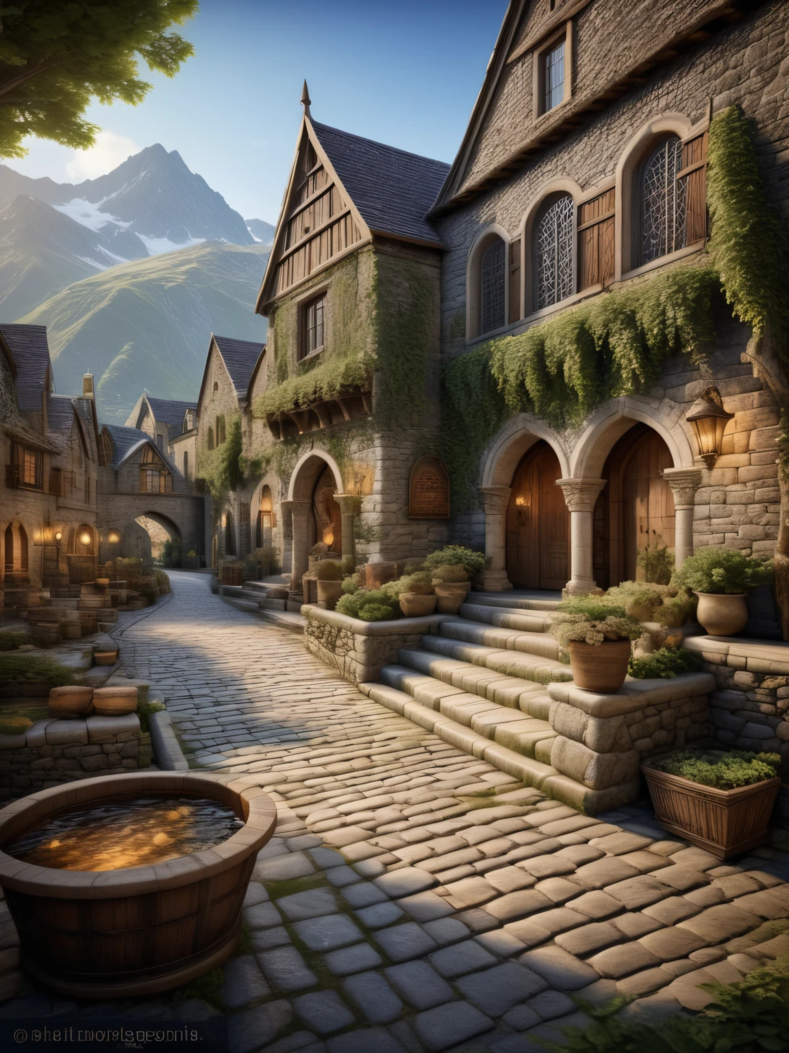 <lora:JJsMedievalTown_XL:1> ,  (medieval town), , (masterpiece) , (best quality),  ((outdoors)), building, scenery, road, real world location,   enough detail, high resolution,super realistic, Photorealistic, highly detailed,  stone paving,  sky, tree, mountain,  river, water, boat,   no humans, scenery, stairs, port,, still life photography, capturing tranquility, timeless beauty, meticulous arrangement, exquisite detail, professional lighting, expert composition, evocative mood, storytelling through objects, artistic interpretation, creative expression, showcasing textures, intricate patterns, enhancing atmosphere, conveying emotions, masterful technique, immersive experience