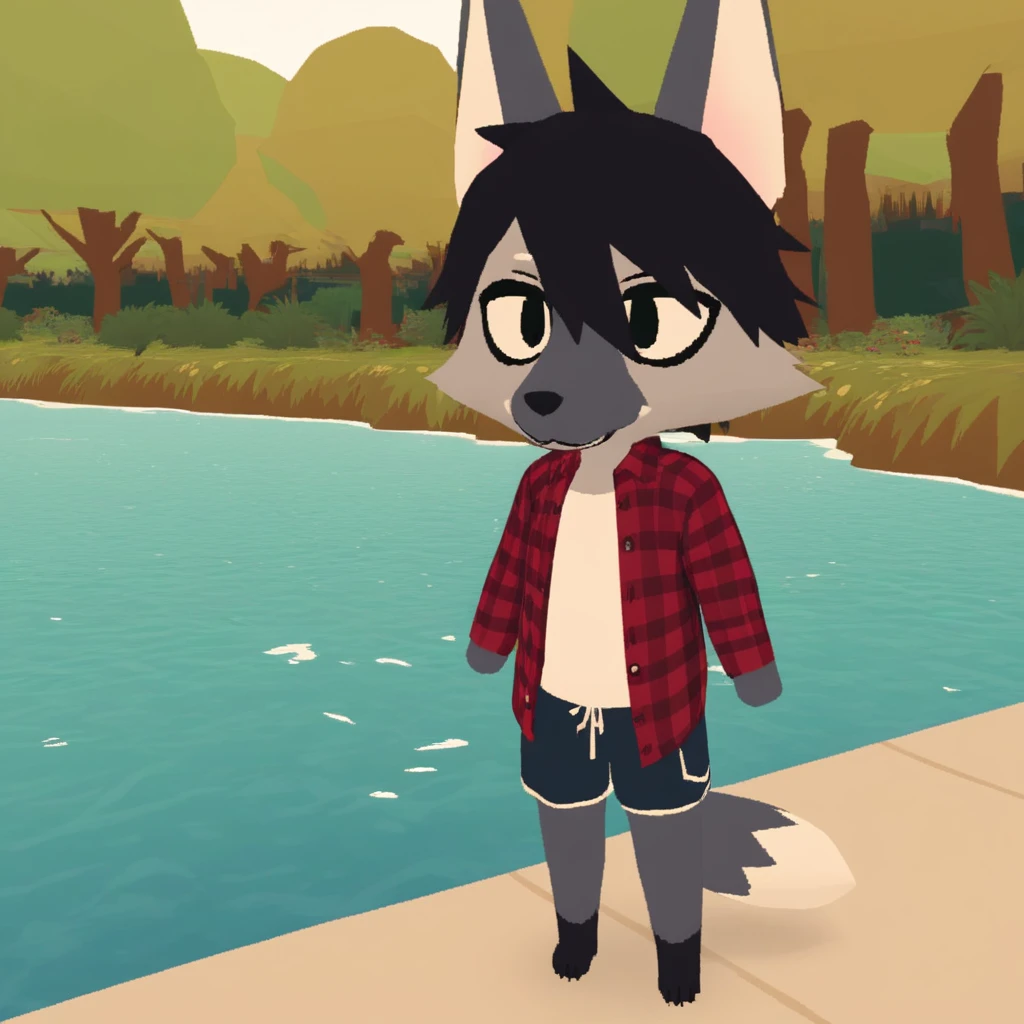 <lora:WebfishingTest2:0.93>, score_9, score_8_up, score_7_up, score_6_up, score_5_up, source_furry, BREAK
Webfishing, anthro, lowpoly, furry, screenshot, maned wolf, grey fur, white fur, multicolored body, countershading, 1boy, standing, forest background, forest background, river, plaid shirt, short hair, hair between eyes, shorts, white shirt, black hair