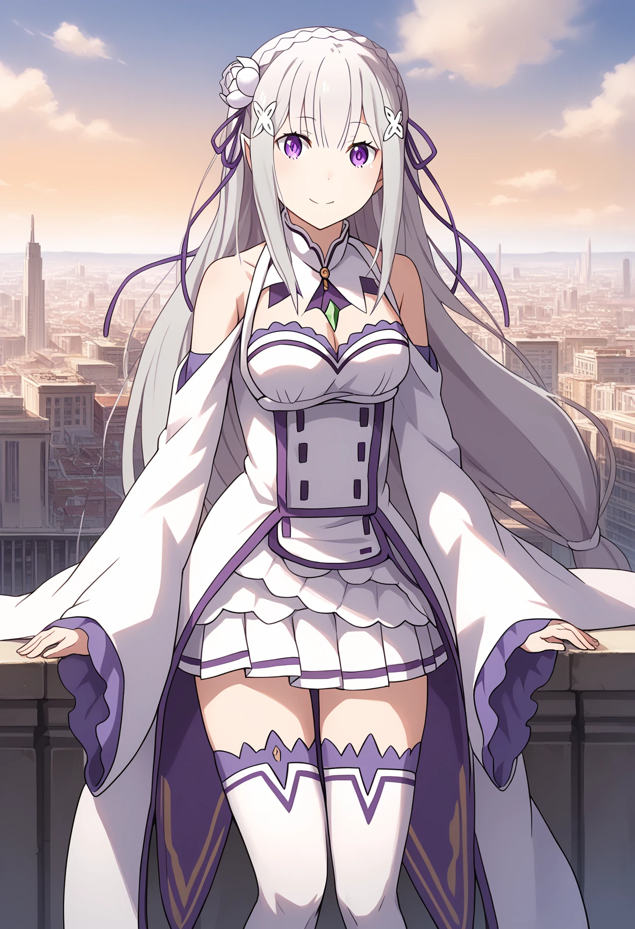 score_9, score_8_up, score_7_up, source_anime,
BREAK
<lora:nikkeBackgroundV2:0>, shiscenery, scenery, 
1girl, solo, 
<lora:shiEmiliaV2:1> shimilia, long hair, grey hair, purple eyes, pointy ears, crown braid, hair flower, hair ribbon, purple ribbon, x hair ornament, white dress, cleavage, bare shoulders, wide sleeves, white thighhighs, thigh boots,
looking at viewer, happy, smile, head tilt, 
outdoors, city, cityscape,