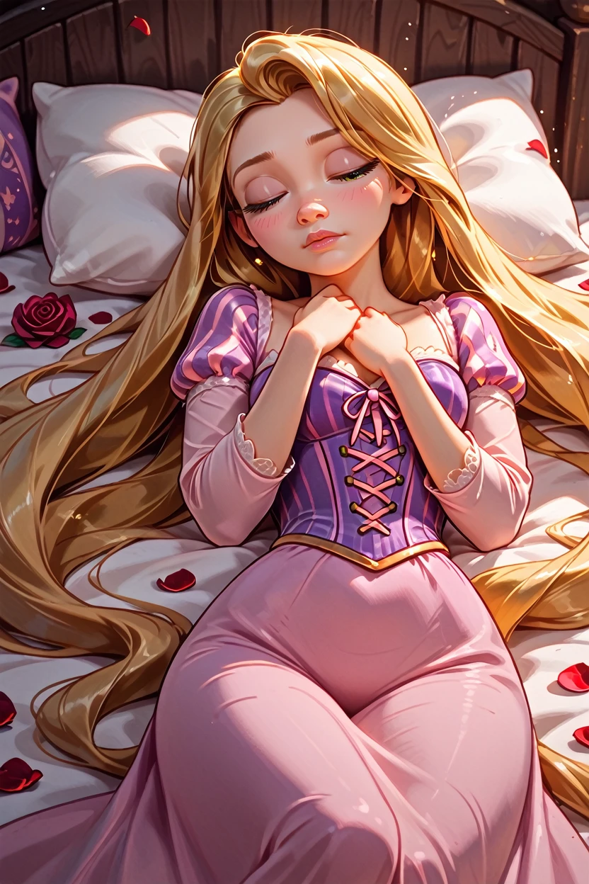 score_9, score_8_up, score_7_up, score_6_up
<lora:DisneyRapunzel:0.8>
DisneyRapunzel, 1girl, blonde hair, green eyes, very long hair, looking at viewer, sleeping in a bed, rose petals, closed eyes