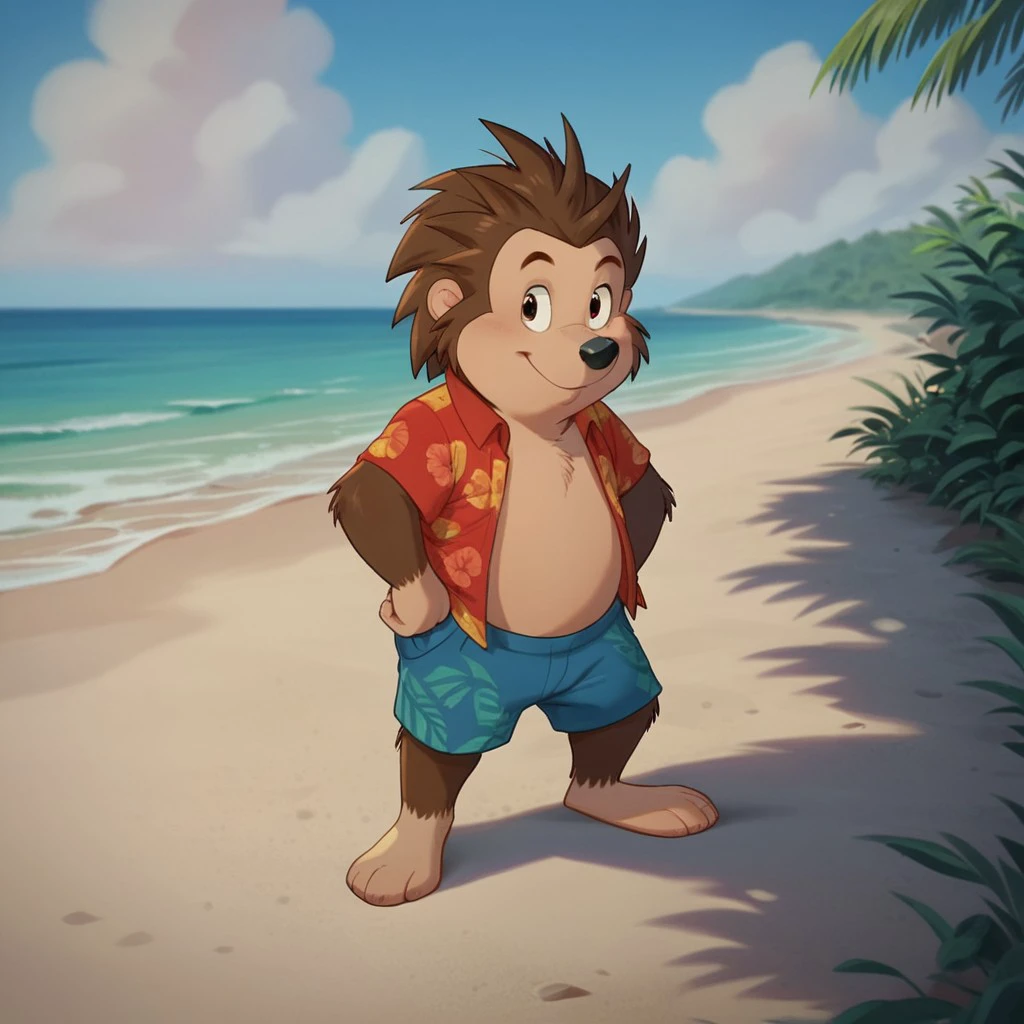 score_9, score_8_up, score_7_up, score_6_up, score_5_up, score_4_up, source_furry, Russellouaf, young anthro, male, hedgehog, brown fur, shorts, hawaiian shirt ,1boy, solo,  beach, <lora:14ff72e6-19d0-4965-b63c-2eedb2adc070:0.7>