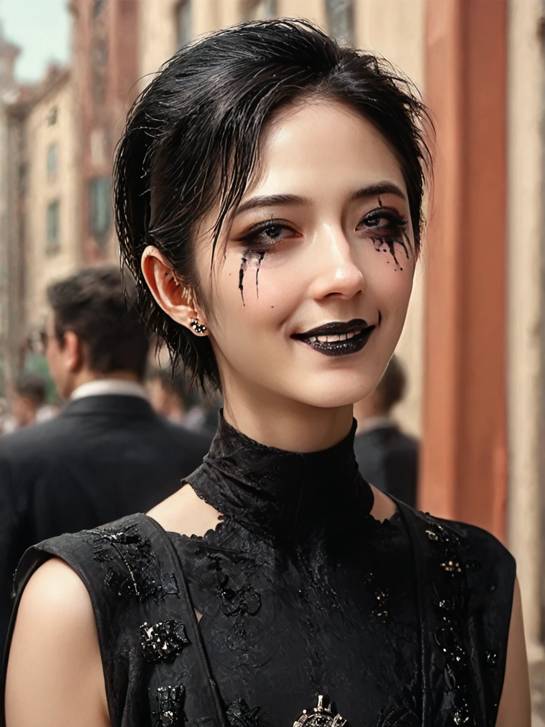 (highres image, ultrares, absurdres, ultra detailed), (masterpiece:1.8) <lora:Gwei_Lun-Mei:0.75> 1girl, ((gwei)), black halter dress, walking down the streets, smiling, gothic makeup, black lipstick, pale skin, (score_9, score_8_up, score_7_up), source_realistic,