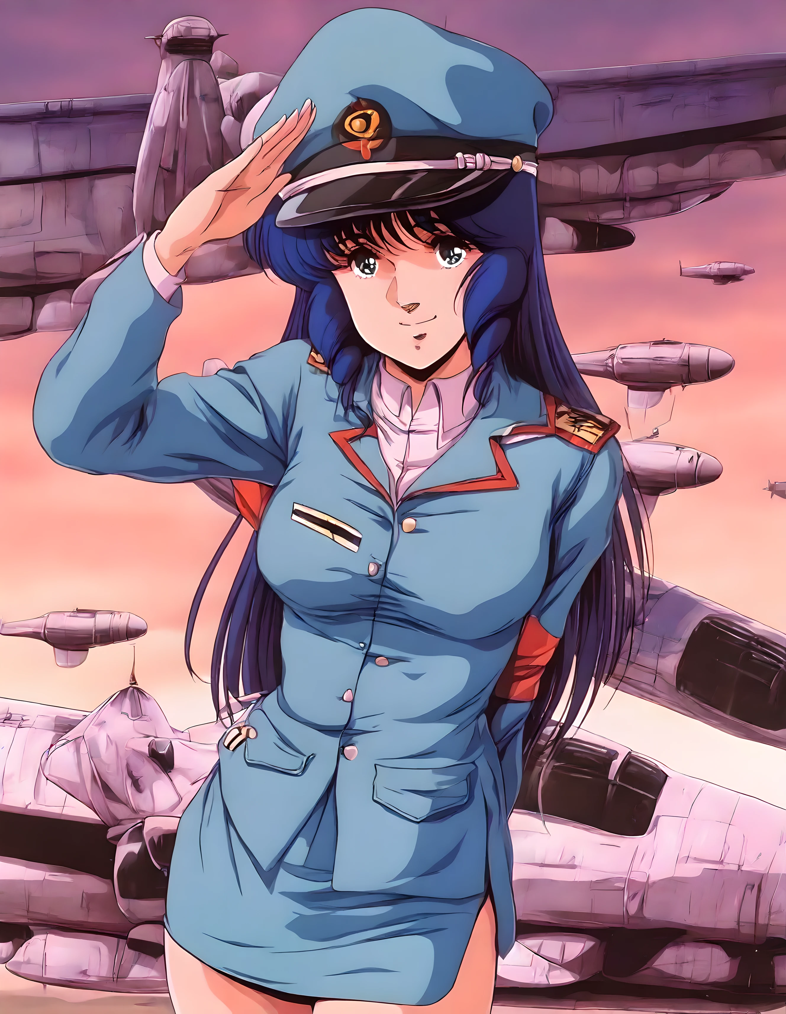 <lora:illustrious_XL_minmei>,minmei,masterpiece,best quality,good quality,newest,huge filesize,1girl,solo,peaked cap,military uniform,miniskirt,airfield,standing,ç¶ºéºãªå§¿å¢,salute,arm_behind_back,cowboy_shot,looking_at_viewer,smile,retro artstyle,1980s \(style\),