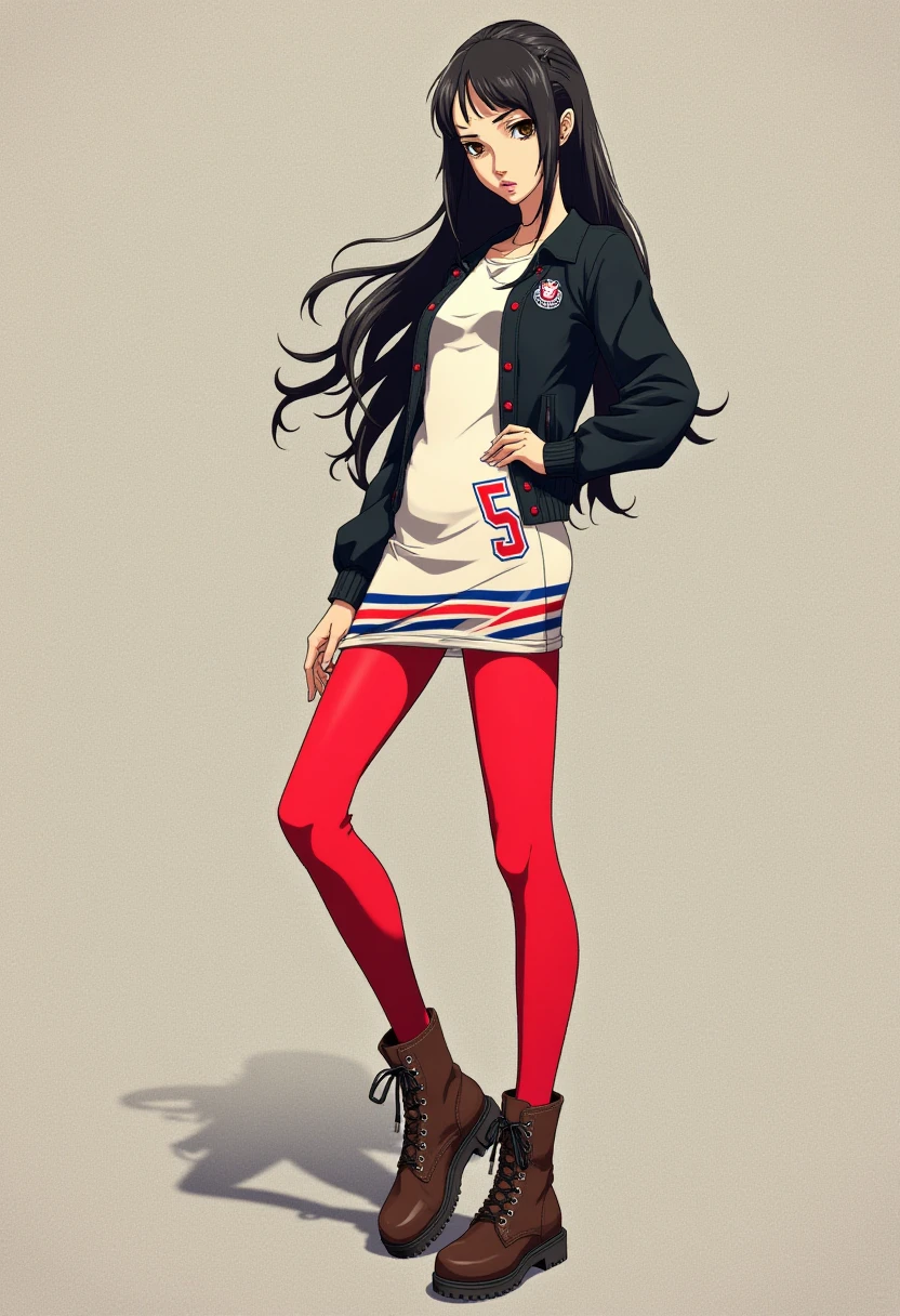 A detailed solo portrait of togo_hifumi
Anime style, sharp, high contrast and highly detailed.,
 <lora:persona5_shiho_suzui_flux_1_2-000012:0.9> shiho suzui
She is wearing a stylish and modern outfit. She has a black jacket with rolled-up sleeves, featuring red buttons and a school emblem on the chest. Underneath, she wears a form-fitting white dress with blue and red stripes near the hem, and the number "5" is prominently displayed on the side, giving the outfit a sporty, youthful vibe. The dress is short, complementing her long legs, which are covered by bright red leggings, adding a bold splash of color. She completes the look with brown lace-up boots that are stylish yet practical. Her pose is confident and dynamic. She stands with one hand resting on her hip, emphasizing her assertive and self-assured demeanor. Her other hand hangs loosely by her side. Her body is slightly angled, and her head is turned slightly as she gazes forward, showcasing her flowing hair styled in loose curls that cascade down her back and shoulders. The overall look combines both fashionable elements and a strong, independent attitude.