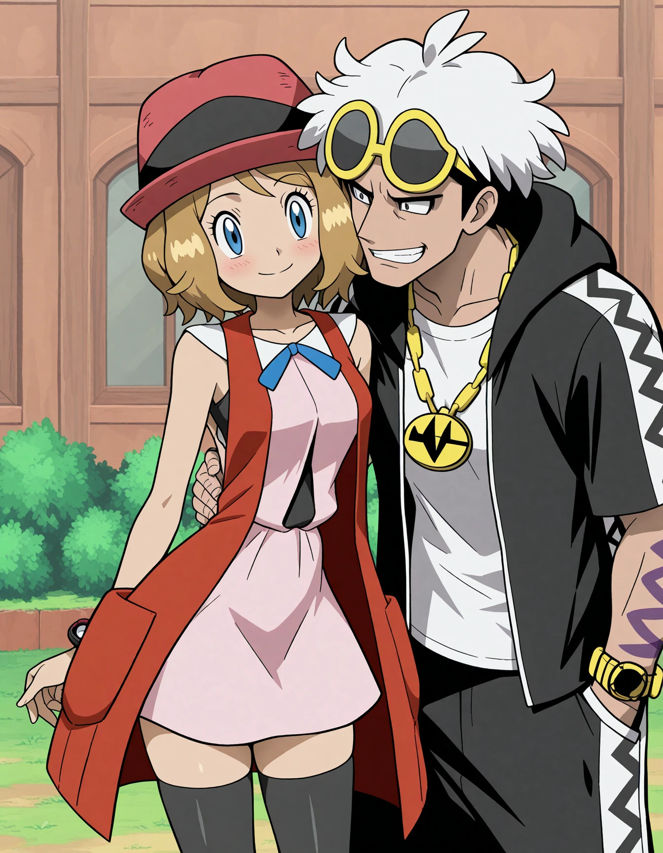 official style, 
<lora:Hyper8:0.5> 1girl, 1boy, couple,
serena \(pokemon\), pokemon \(anime\), blonde hair, blue eyes, red hat, short hair, pink dress, red coat, sleeveless, black thighhighs,
guzma \(pokemon\), pokemon,
smile, blush, masterpiece, best quality, amazing quality, very aesthetic, absurdres