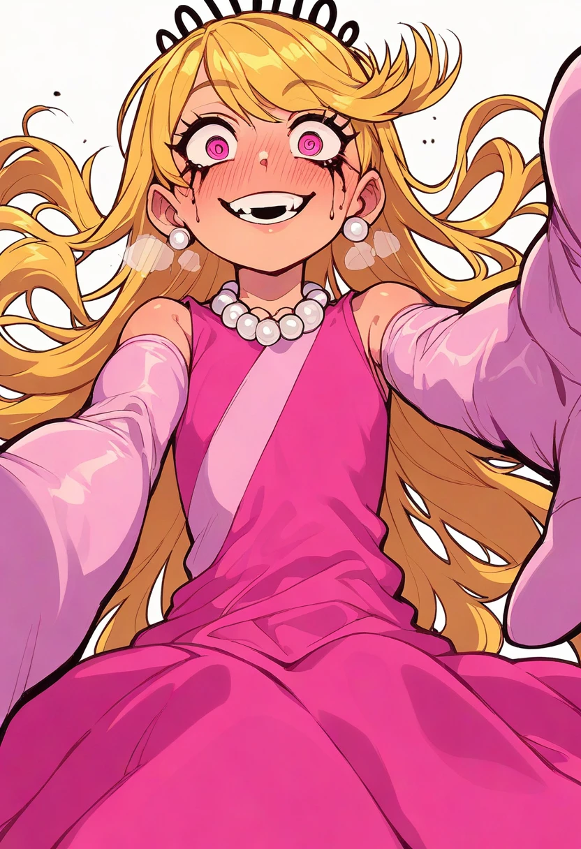 embedding:zPDXL3, rating_safe, source_cartoon, score_9, score_8_up, score_7_up,
white background, simple background, pov, from below, 1girl, yandere, straddling, reaching towards viewer, looking at viewer, blush, crazy eyes, constricted pupils, heavy breathing, smile,
1o1a, blonde hair, tiara, pink eyes, runny makeup, earrings, pearl necklace, pink dress, long dress, pink gloves