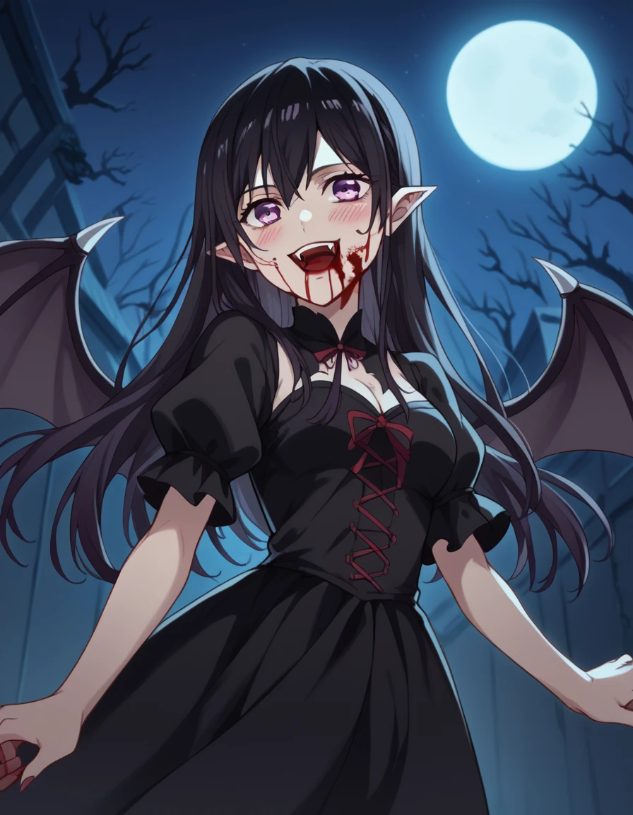 score_9, score_8_up, score_7_up, source_anime, <lora:mei-aihara-s1-ponyxl-lora-nochekaiser:1>, mei aihara, long hair, black hair, purple eyes, medium breasts,, <lora:vampire-ponyxl-lora-nochekaiser:1>, vampire, red eyes, pointy ears, fangs, black dress, wings, blood, blood on face, blood on mouth, bat (animal), halloween, halloween costume, upper teeth only, night, moon, blush, smile, open mouth, , dutch angle, cowboy shot