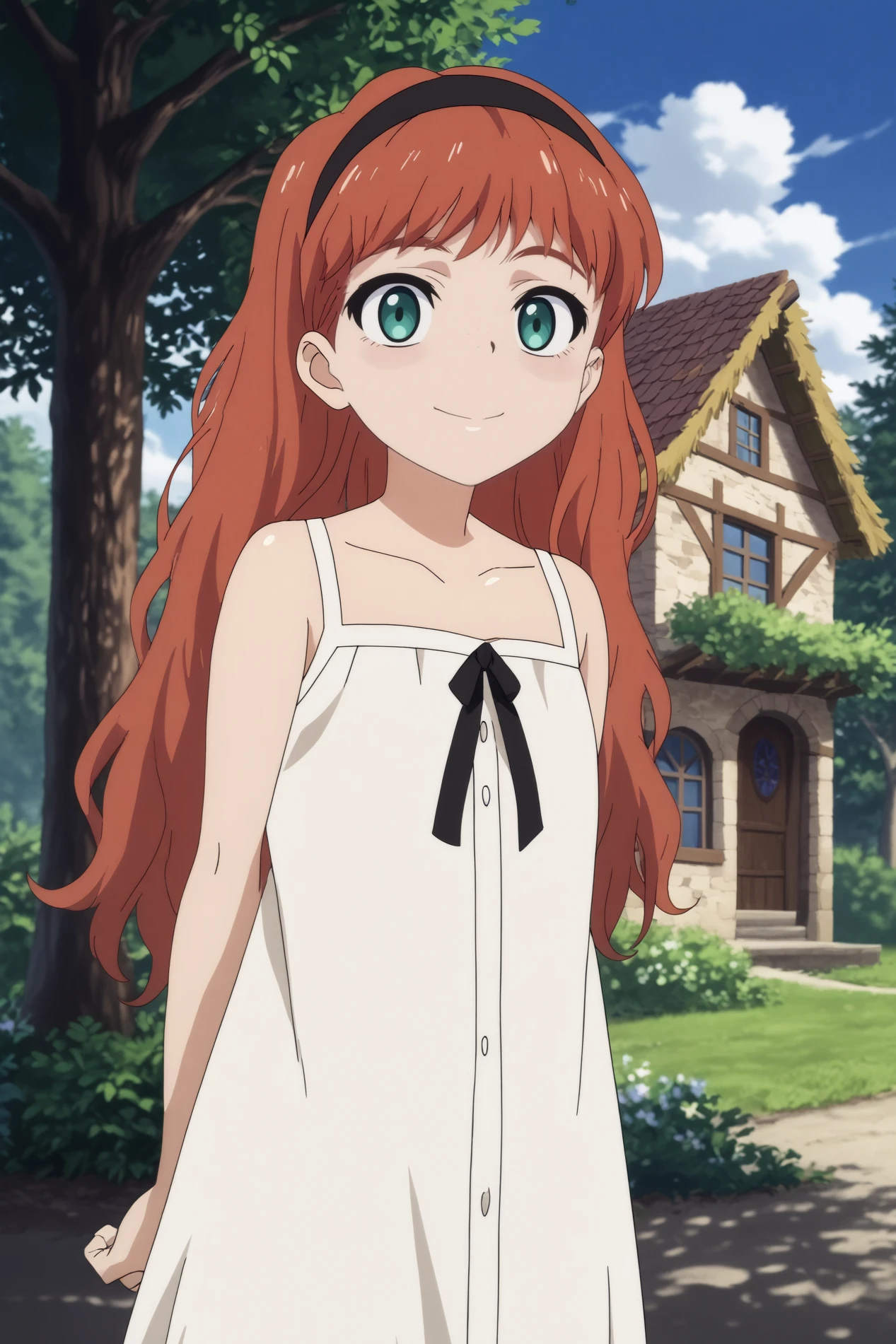 frill,1girl,solo,smile,hairband,dress,red hair,black hairband,freckles,white dress,collarbone,hands behind the back,cowboy shot BREAK outdoors,blue sky,house,tree,forest    <lora:Frill_-_Wonder_Egg_Priority.safetensors:0.8> <lora:detailed_backgrounds_v2.safetensors:0.5>