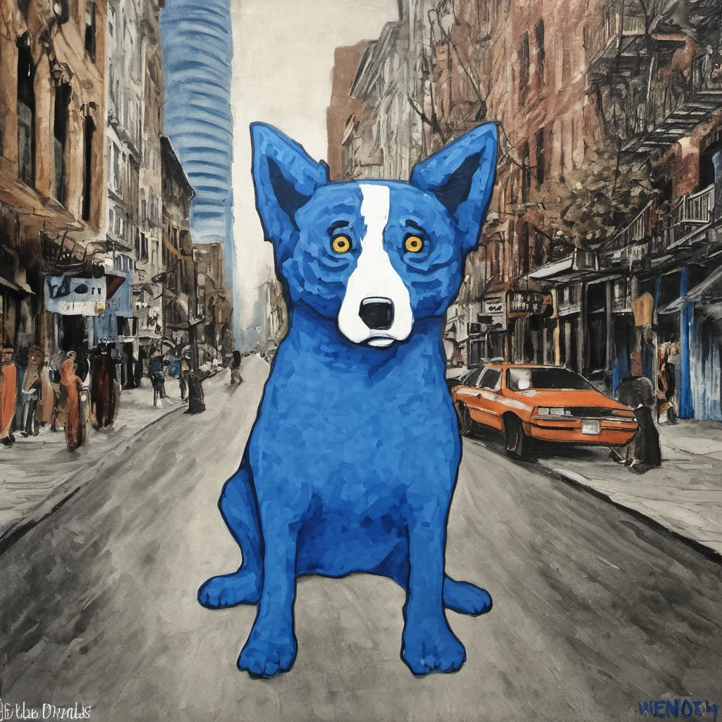 traditional media, (blue dog) in New York City,  <lora:New_Orleans:.8> (b7u3d0g:1.4)