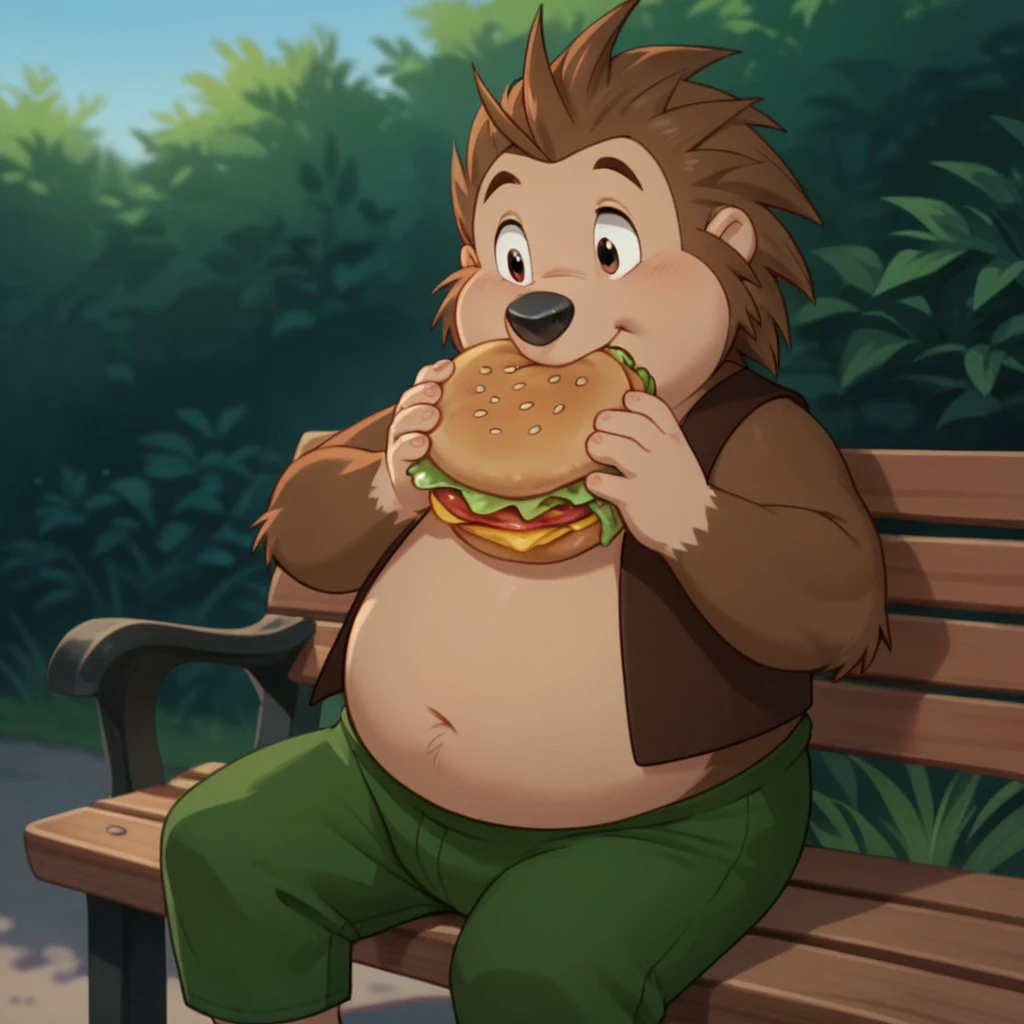 score_9, score_8_up, score_7_up, score_6_up, score_5_up, score_4_up, source_furry, Russellouaf, young anthro, male, hedgehog, brown fur, green pants,  brown vest,  1boy, solo,  chubby, sitting, park bench eating hamburger, <lora:14ff72e6-19d0-4965-b63c-2eedb2adc070:0.7>