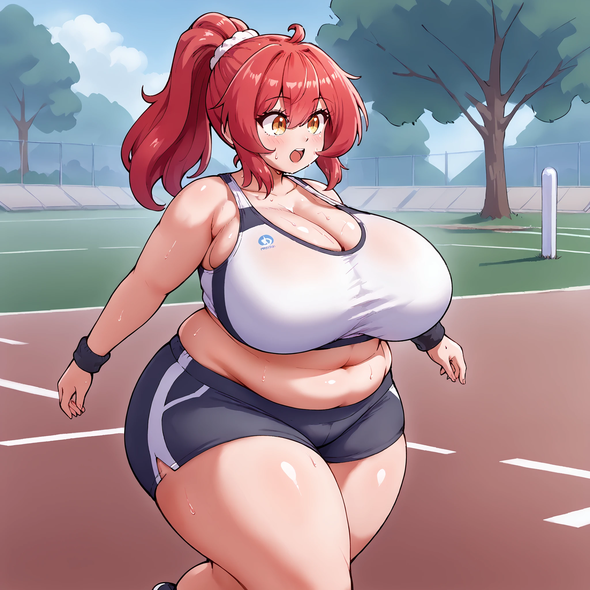 (masterpiece), best quality, (highly detailed), score_9, score_8_up, score_7_up, score_6_up, score_5_up, 1female, solo, <lora:Masked_agent_style:0.8>, sport shorts, sport bra, fat, headphone, sweating, huge breasts, wide hips, huge thighs, red hair, long hair, ponytail, <lora:SyMix_Pony_v05a02:1>, jogging, park, outdoor,