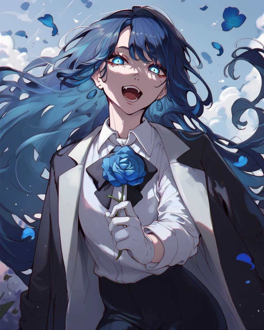 <lora:Ad0CharaPDXL_v1:1>Ad0CharaPDXL, 1girl, solo, shirt, flower, holding, gloves, white gloves, pants, white shirt, blue flower, blue hair, open mouth, looking at viewer, <lora:Expressive_H:1> ExpressiveH<lora:incase-ilff-v3-4:0.2> <lora:RampageLycoXL:0.2> <lora:reiq_style:0.2> <lora:fellatrix_style:0.25> <lora:officialpit_style_v11:0.25> score_9, score_8_up, score_7_up,