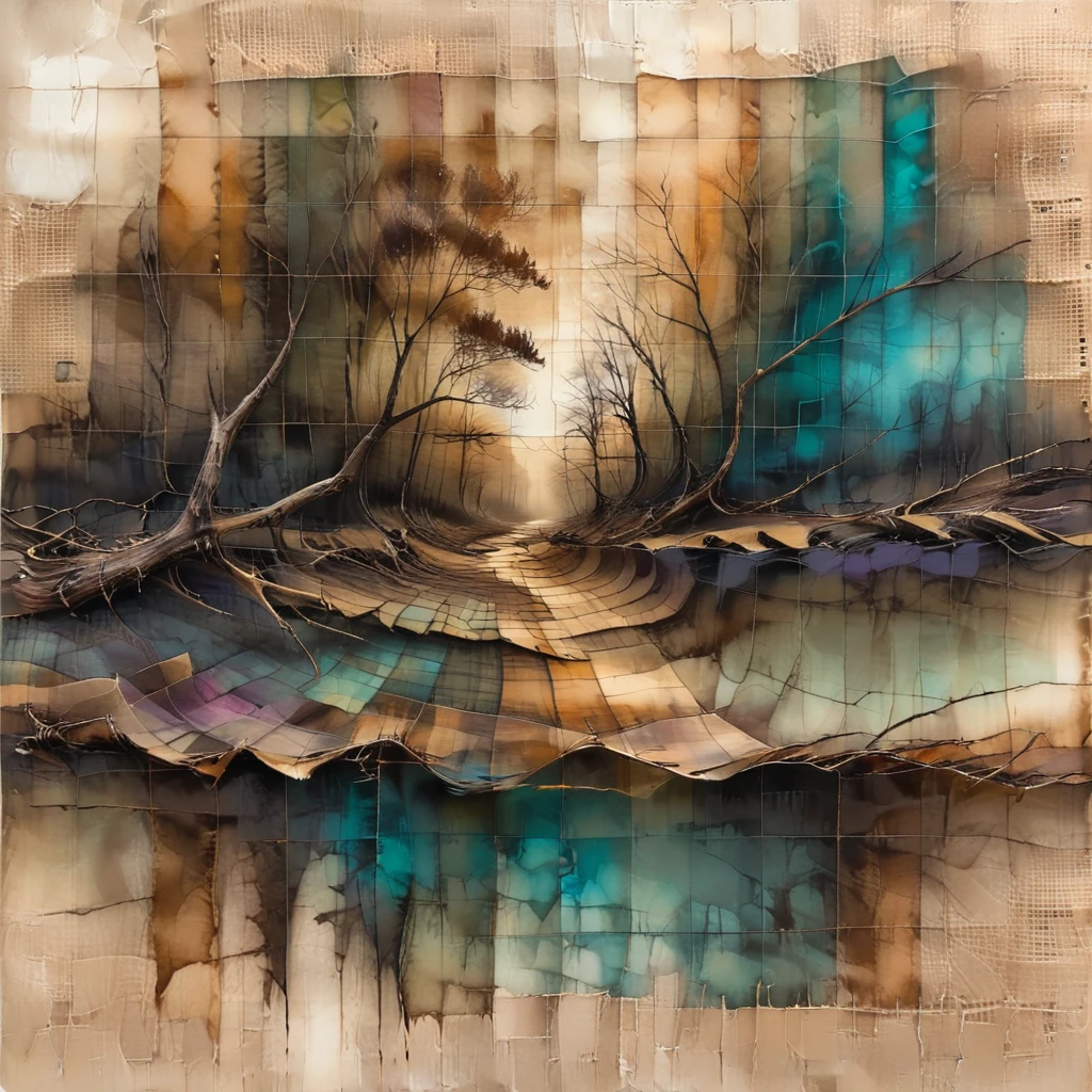 male nature print, peninsula, stocky, alcohol ink, burlap, realism style, Vanishing Point, split complementary colors, plaid pattern, foreground effect, sepia tint accents, layered dimension, frosted texture, distressed finish  <lora:artfully_SPIRITUALFADE:0.9>,