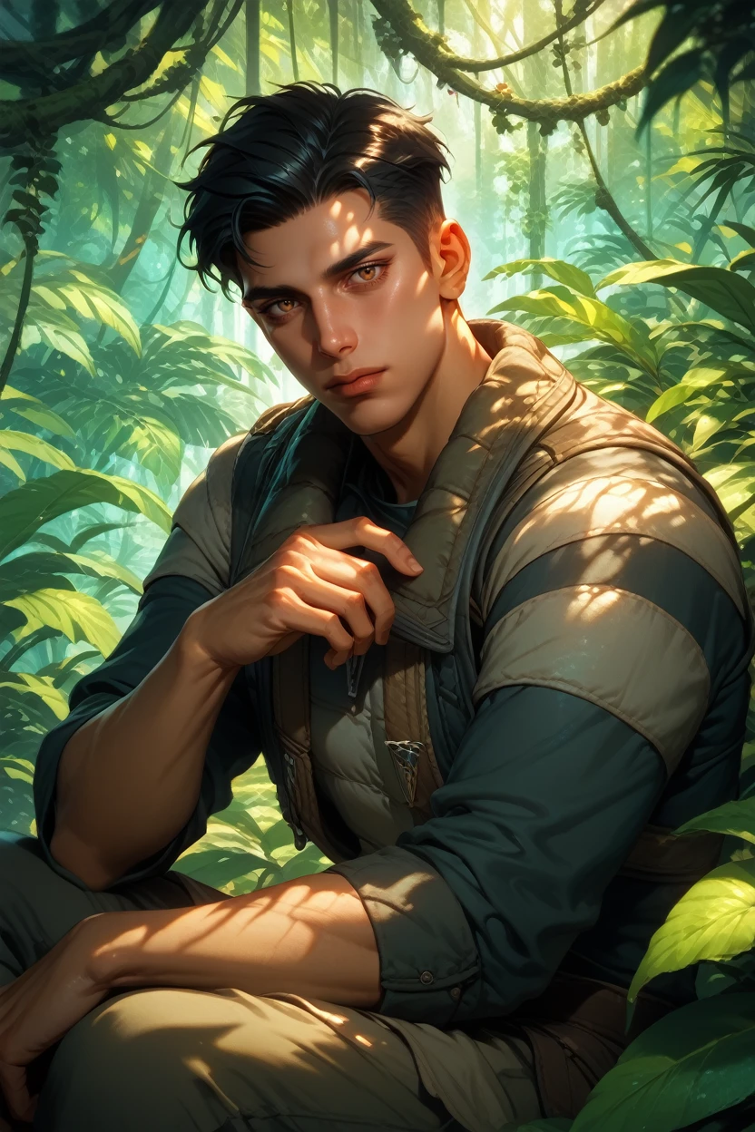 score_9, score_8_up, score_7_up, score_6_up
<lora:MEAReyes:0.8>
MEAReyes, 1boy, black hair, brown eyes, short hair, looking at viewer, Rainforest canopy with sunbeams, vibrant and lush, sitting