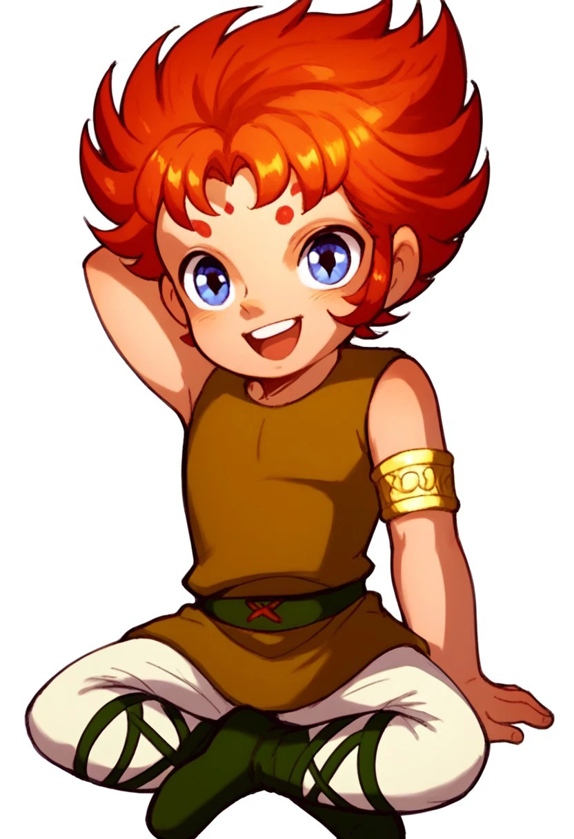 score_9, score_8_up, score_7_up, source_anime, highly detailed, young, 1boy, solo, cute boy,  cute smile, 1boy, saintkiki, young, male, spiky red-orange hair, large purple eyes, sleeveless tunic, black belt with buckle, golden arm bracelet, white pants, black boots, crisscross straps, two purple markings on forehead, 1boy, male focus, solo, white background, open mouth, full body, red hair, blue eyes, simple background, smile