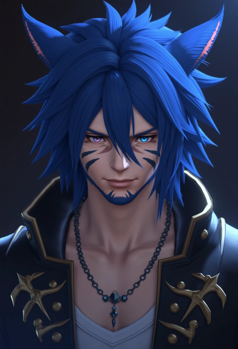 f4c32-miq0, miqo'te, 1boy, animal ears, male focus, solo, blue hair, heterochromia, jewelry, red eyes, facial mark, facial hair, cat ears, earrings, blue eyes, necklace, beard, portrait, , cinematic lighting, cinematic angle