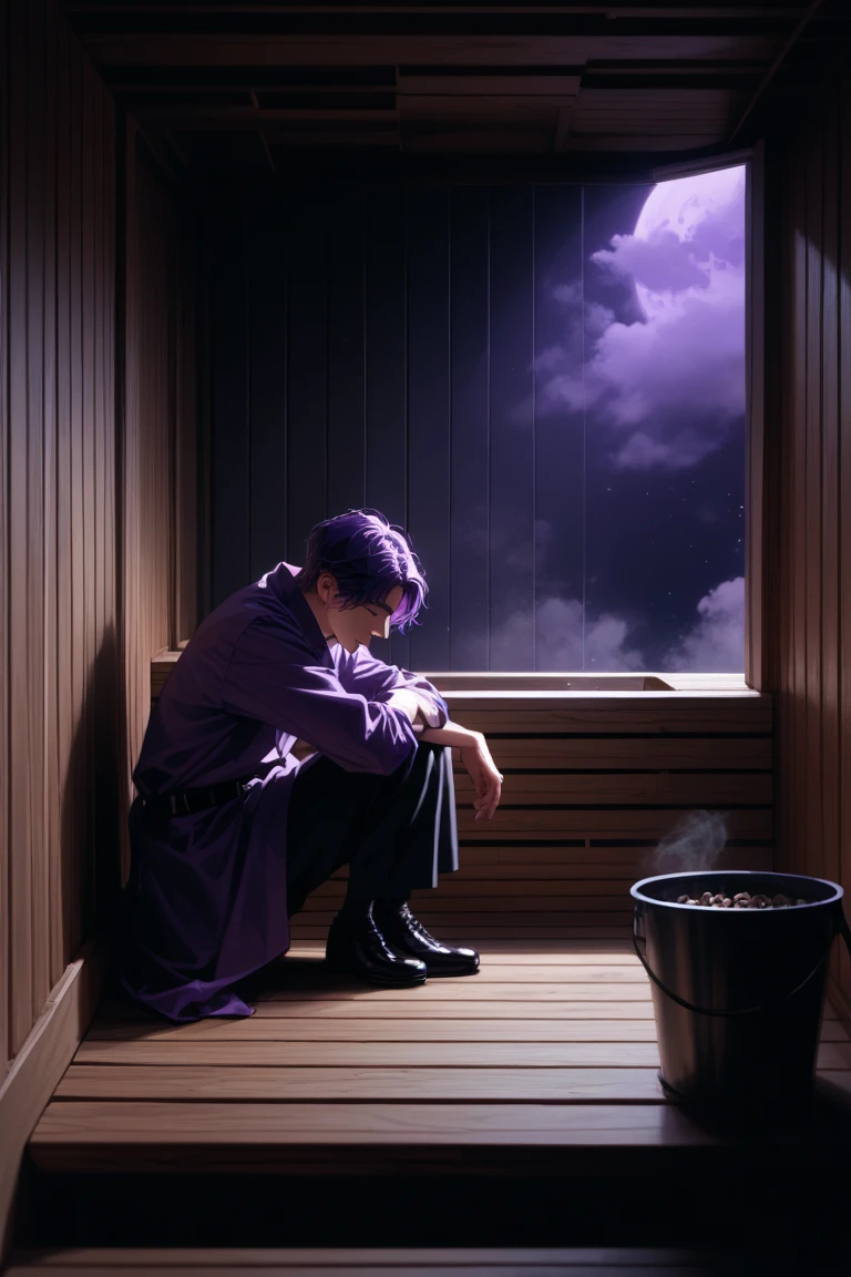 score_9, score_8_up, score_7_up, source_anime, rating_safe, night, midnight, dark, purple theme, natural lighting, sauna focus, male focus, full body, purple hair, footwear, closed eyes, janitor uniform, 1boy, CandiSAUNA, 1stclutter, 2ndclutter, bucket, from above, negative space, intricately detailed illustration, depth of field, atmospheric perspective, realistic shading, horror (theme)