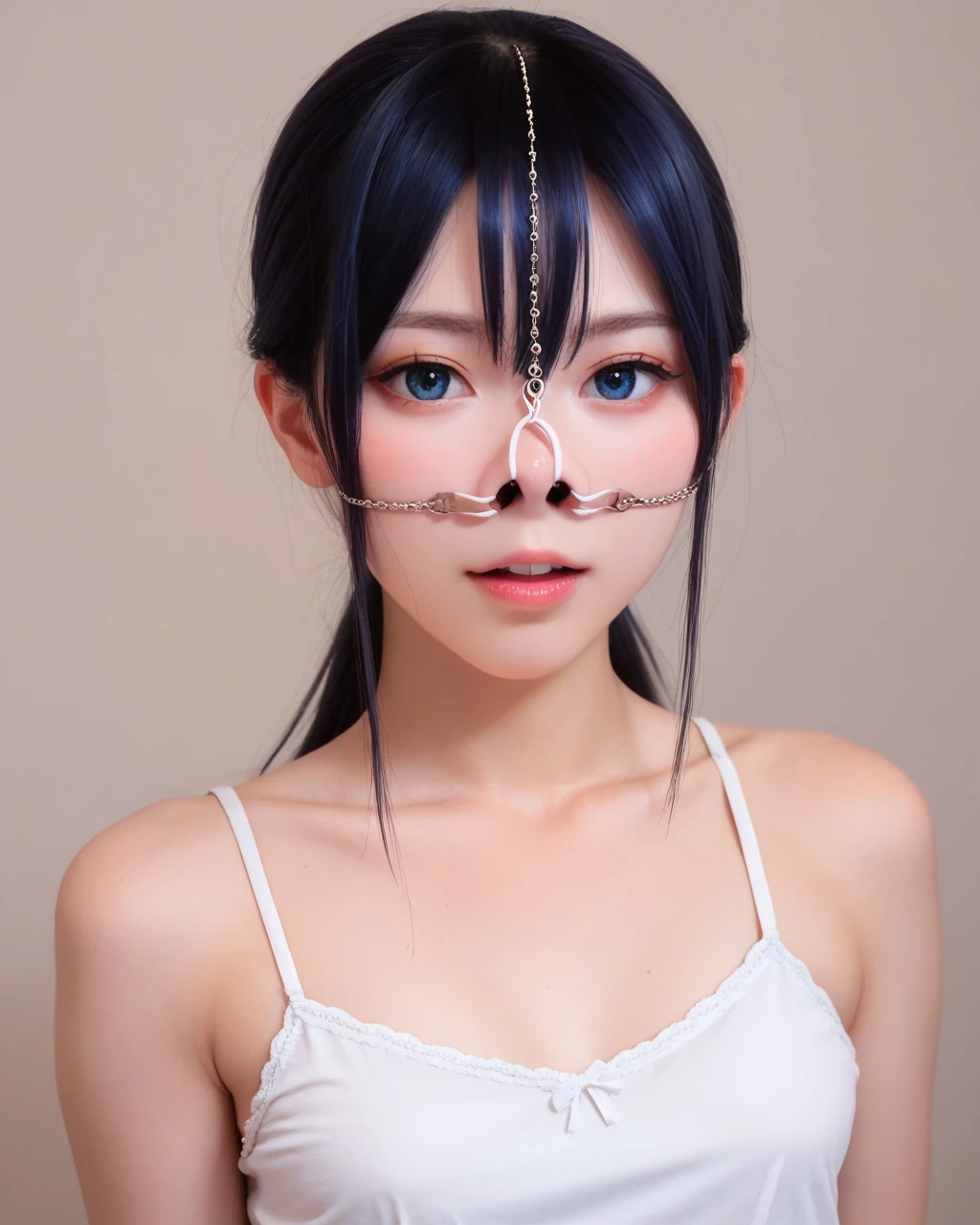 score_9, score_8_up, score_7_up, score_6_up, score_5_up, score_4_up,BREAK,japanese,girl,wide shot,(upper body:1.3) nosehook,looking viewer,camisole ,white skin,kawaii,cute <lora:PONY_Realistic_nose_hook_3way_v1.1:0.8>,(16K,hi-rez,high quality)teeth