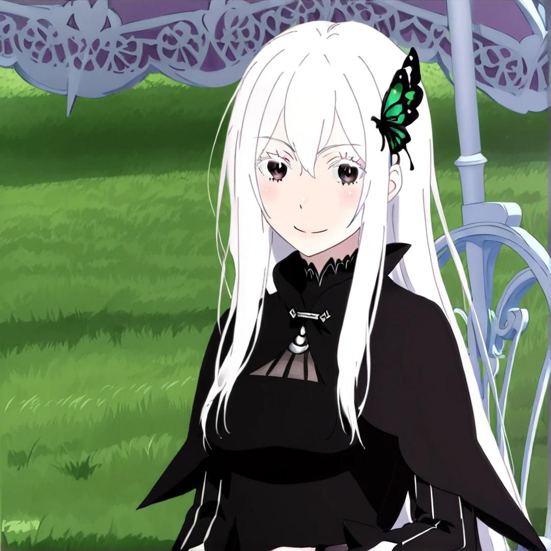 <lora:Echidna:1>, echidna, barely-exposed skin, was porcelain-like and pure white, her black eyes, shone with intellect, her long straight white hair, reached down to her back, and it also had a jade green butterfly hairpin, her slender body, appeared as though it was in its mid-twenties, her figure was usually wrapped in black clothing