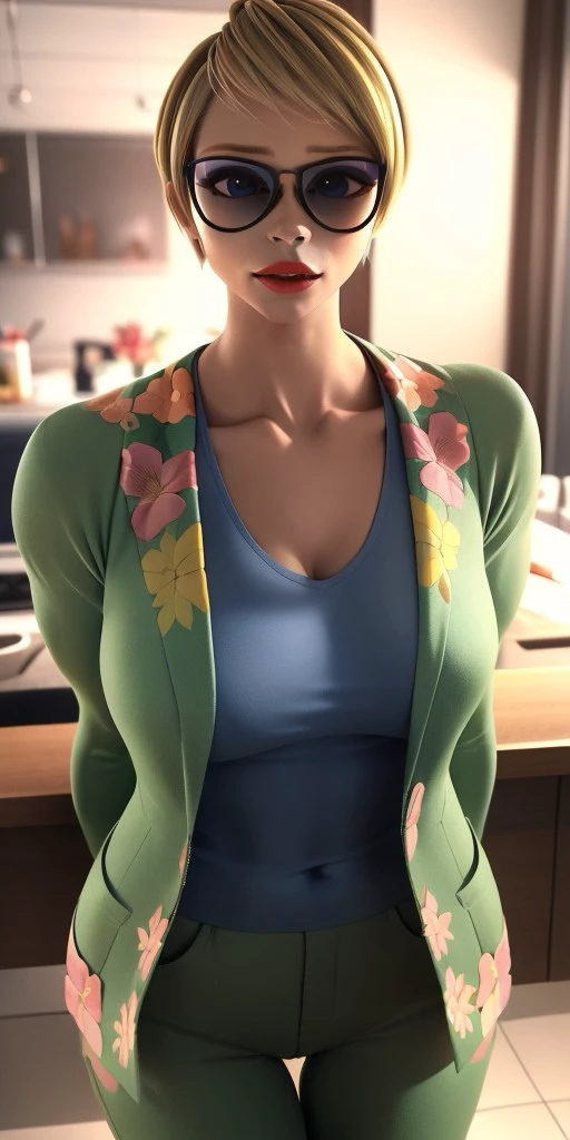 Hyperrealistic, photorealistic, super detailed, blue eyes, (sunglasses that are gradient vertically pink to yellow), (smooth green trousers richly decorated with a floral motif), (smooth green jacket richly decorated with a floral motif), bluish-black eyeshadow, short blonde hair styled into a pixie cut, red lipstick, body like in real life, large pores, fair skin, tall, beautiful arms, medium breasts, unreal engine, octane render, droped shadow, bokeh, cinematic lighting, <lora:add_detail:0.5>, <lora:Volumetric_lighting:0.6>, Olympia Hill, Majestia, , <lora:ef3c87e9-93c9-4668-9f53-9504c7787c8a:0.7>