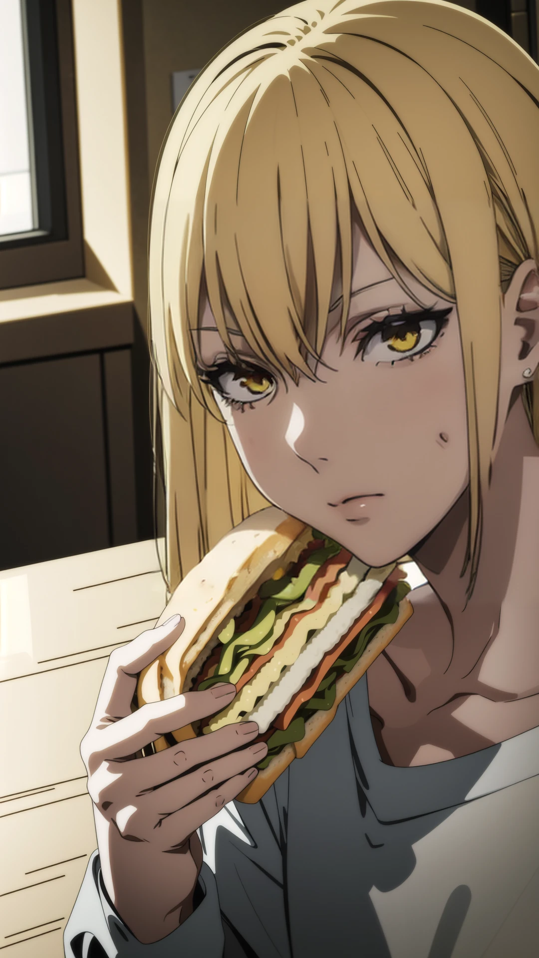 (((close up shot))), dynamic pose, dynamic angle, webtoon, anime, centered, solo, food, eating, sandwich, ((holding sandwich)), 1girl, 1woman, guideau, solo, blonde hair, sitting, collarbone, loose pajama top, upper body focus, long sleeves, yellow eyes, earrings, ((indoors, kitchen background)), 8k, 16k, trending on pixiv, fanbox, skeb, masterpiece, detailed face, digital painting, (best quality, ultra detailed), (detailed background:1.2), (perfect face, detailed face), (mature female:1.4), <lora:sd_v15_dpo_lora_v1:0.8>,  <lora:Guideau:0.7>