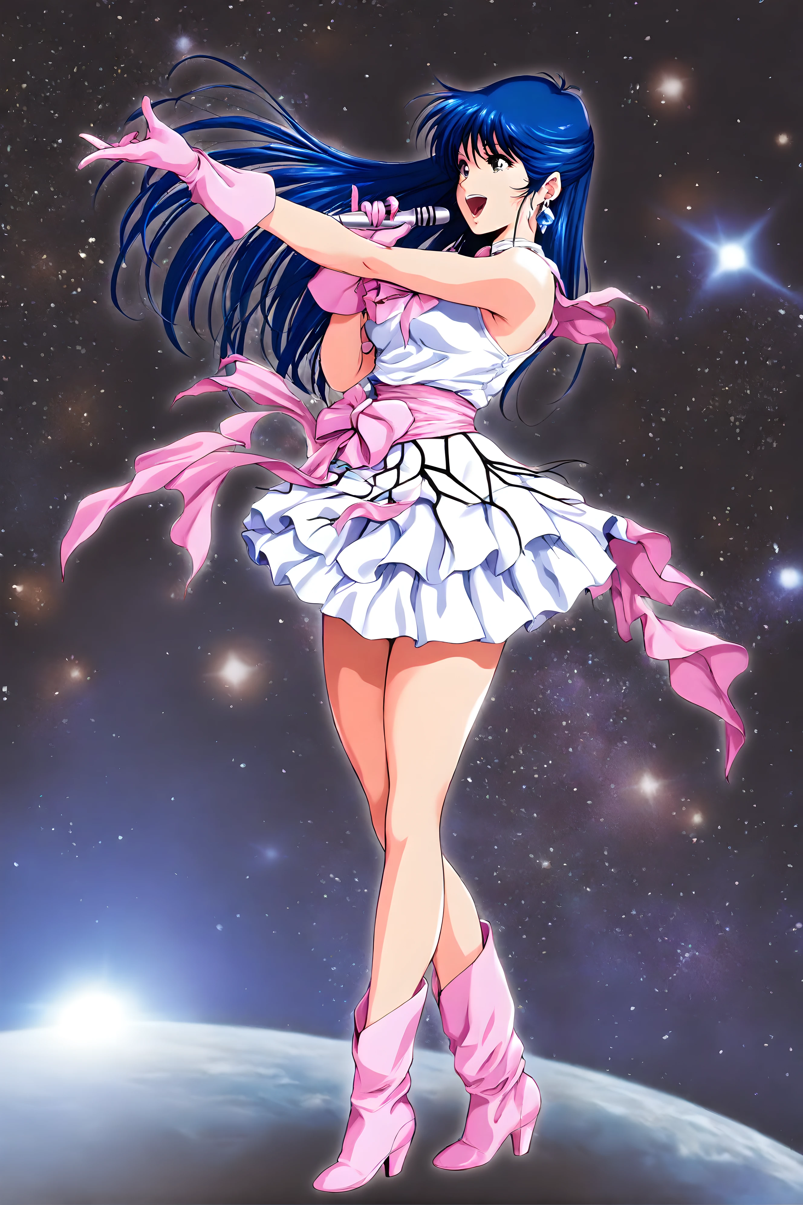 <lora:illustrious_XL_minmei>,minmei,masterpiece,best quality,good quality,newest,huge filesize,1girl,solo,idol,white dress,short dress,pink gloves,boots,high heels,earrings on one side,microphone,singing,music,standing,outstretched_arm,space,science fiction,