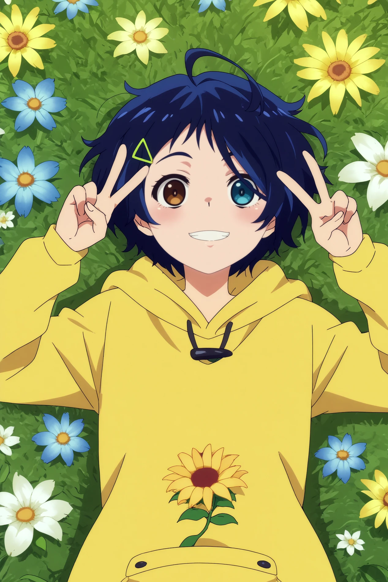 ohto ai,1girl,solo,heterochromia,short hair,yellow hoodie,hood,blue eyes,hoodie,hair ornament,hairclip,shorts,hood down,upper body,peace sign,smile,lying, on back, looking at viewer, head tilt,cowboy shot BREAK outdoors,blue flowers,yellow flowers    <lora:Ohto_Ai_-_Wonder_Egg_Priority.safetensors:0.8> <lora:detailed_backgrounds_v2.safetensors:0.5>