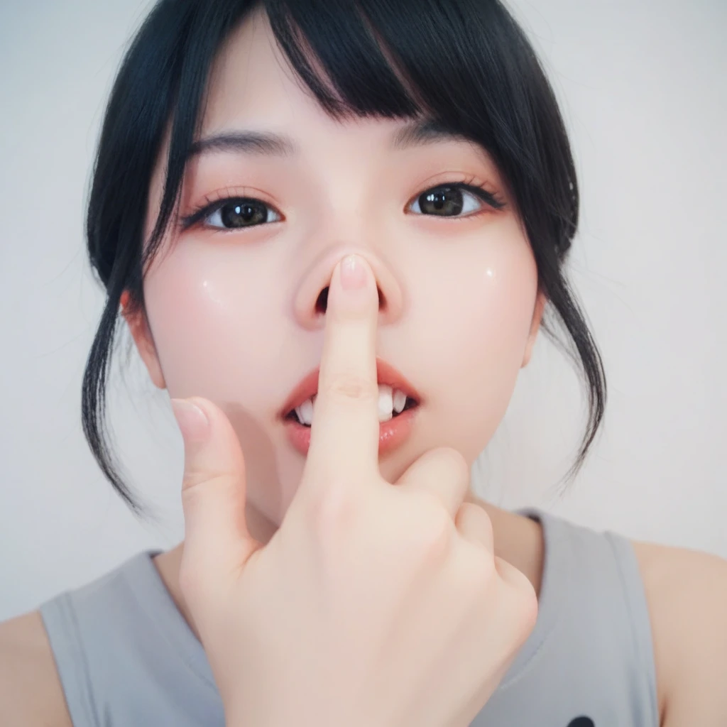 score_9, score_8_up, score_7_up, score_6_up, score_5_up, score_4_up,BREAK,japanese girl,wide shot,upper body  ,teeth,looking viewer,black hair <lora:PONY_Realistic_nose_push_up_v1:0.8>nosepushup,